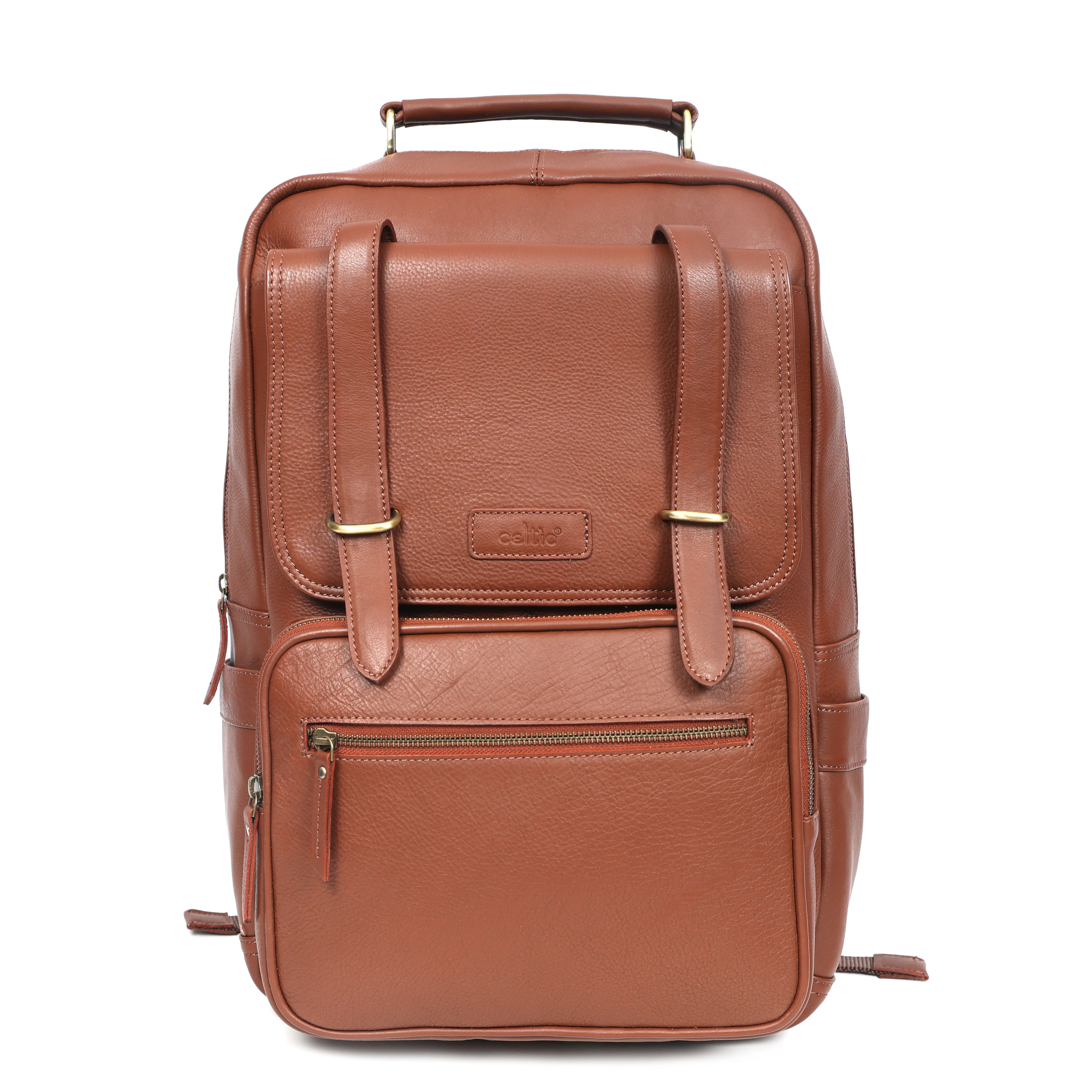 Premium Genuine Leather Laptop Backpack with Multi-Zip Compartments & Top Handle - Image 3
