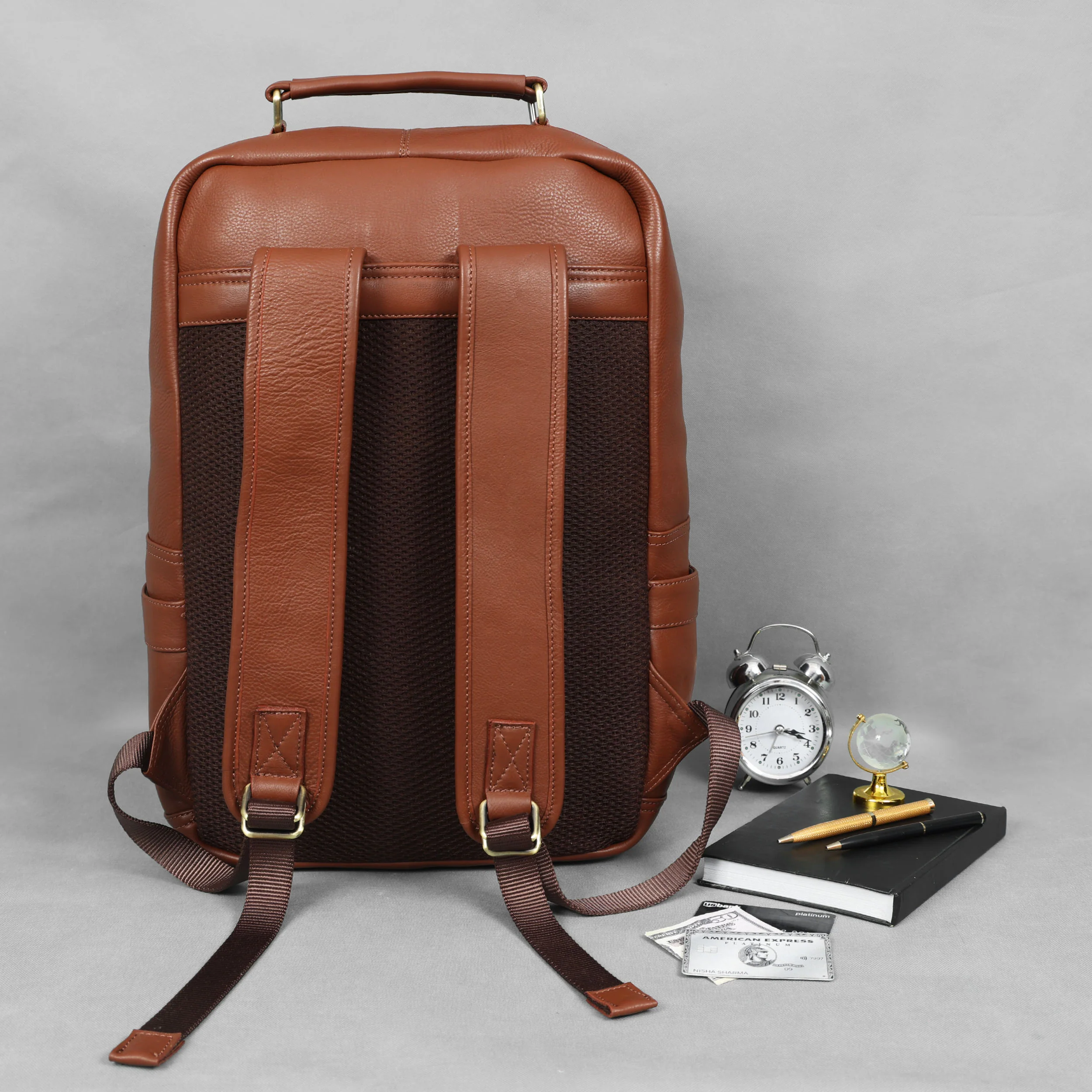 Premium Genuine Leather Laptop Backpack with Multi-Zip Compartments & Top Handle - Image 6