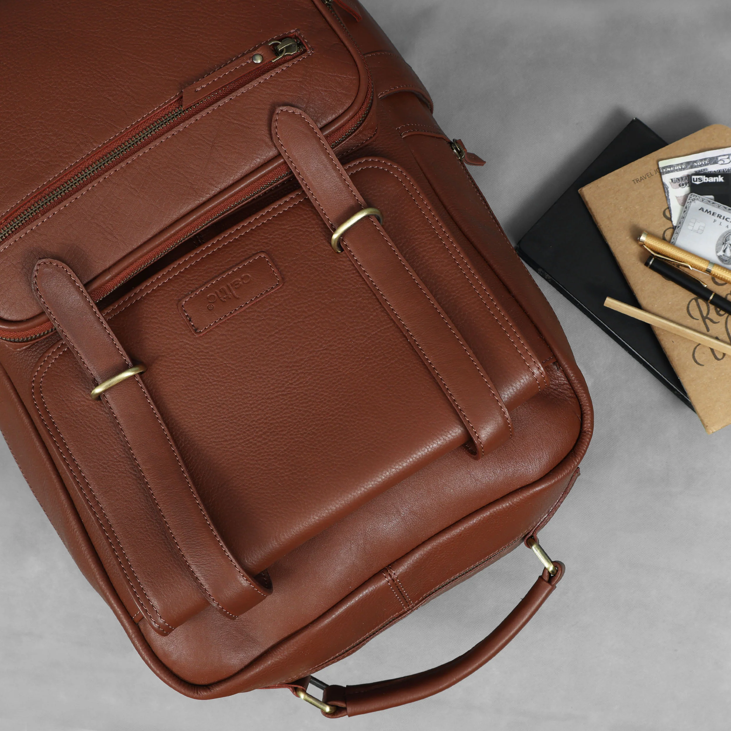 Premium Genuine Leather Laptop Backpack with Multi-Zip Compartments & Top Handle - Image 7