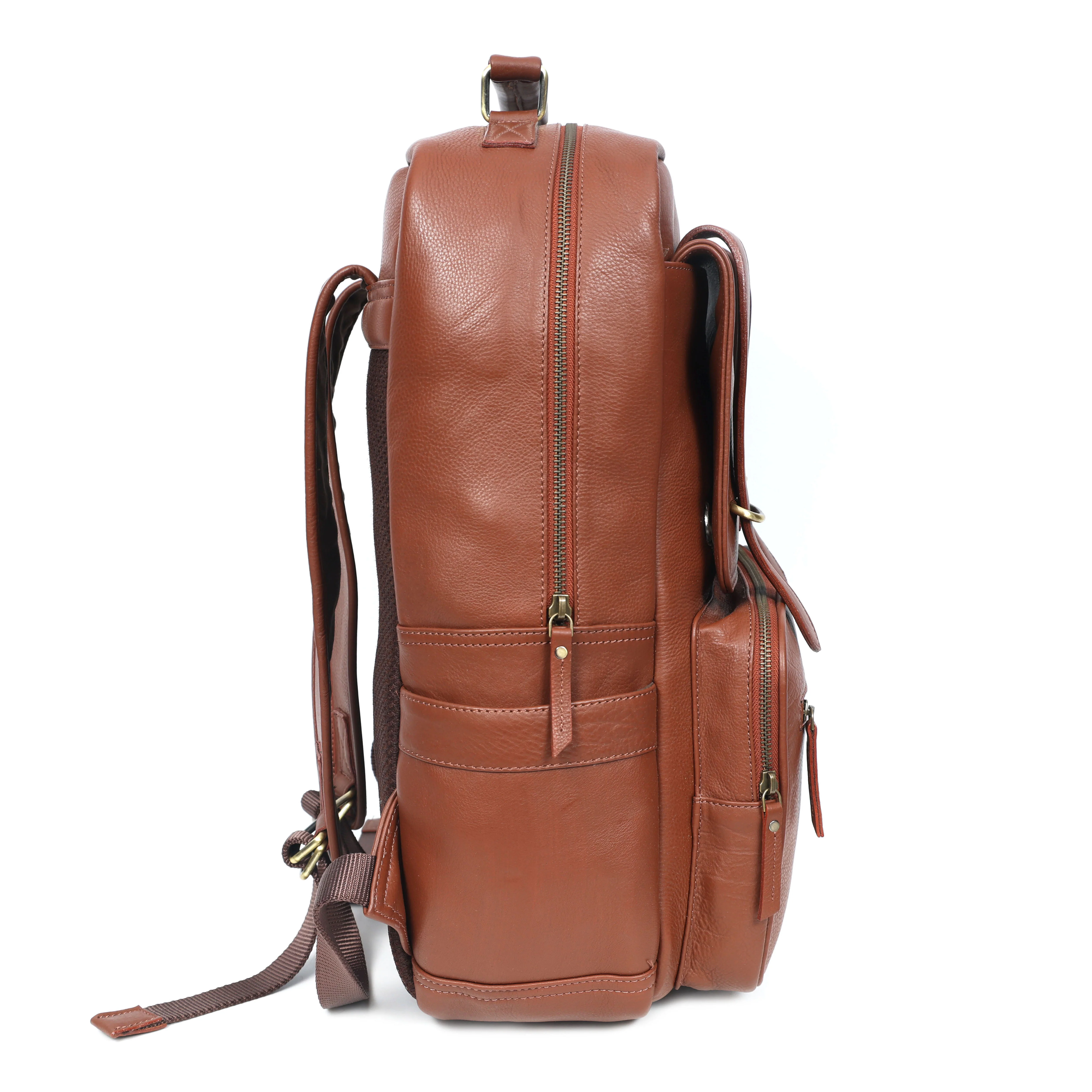 Premium Genuine Leather Laptop Backpack with Multi-Zip Compartments & Top Handle - Image 8