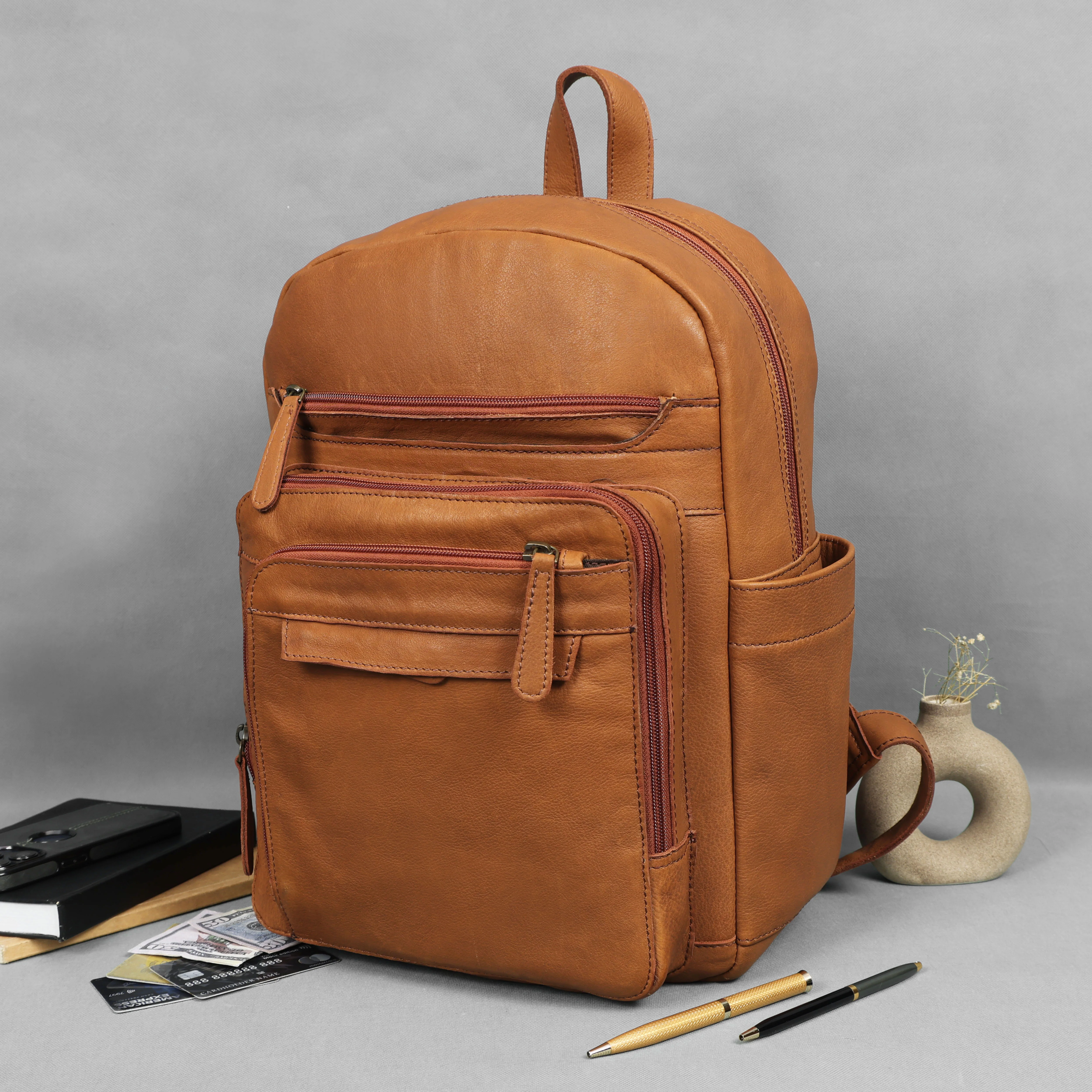 Premium Genuine Tan Leather Backpack with Multi Zip Pockets & Adjustable Straps - Image 2