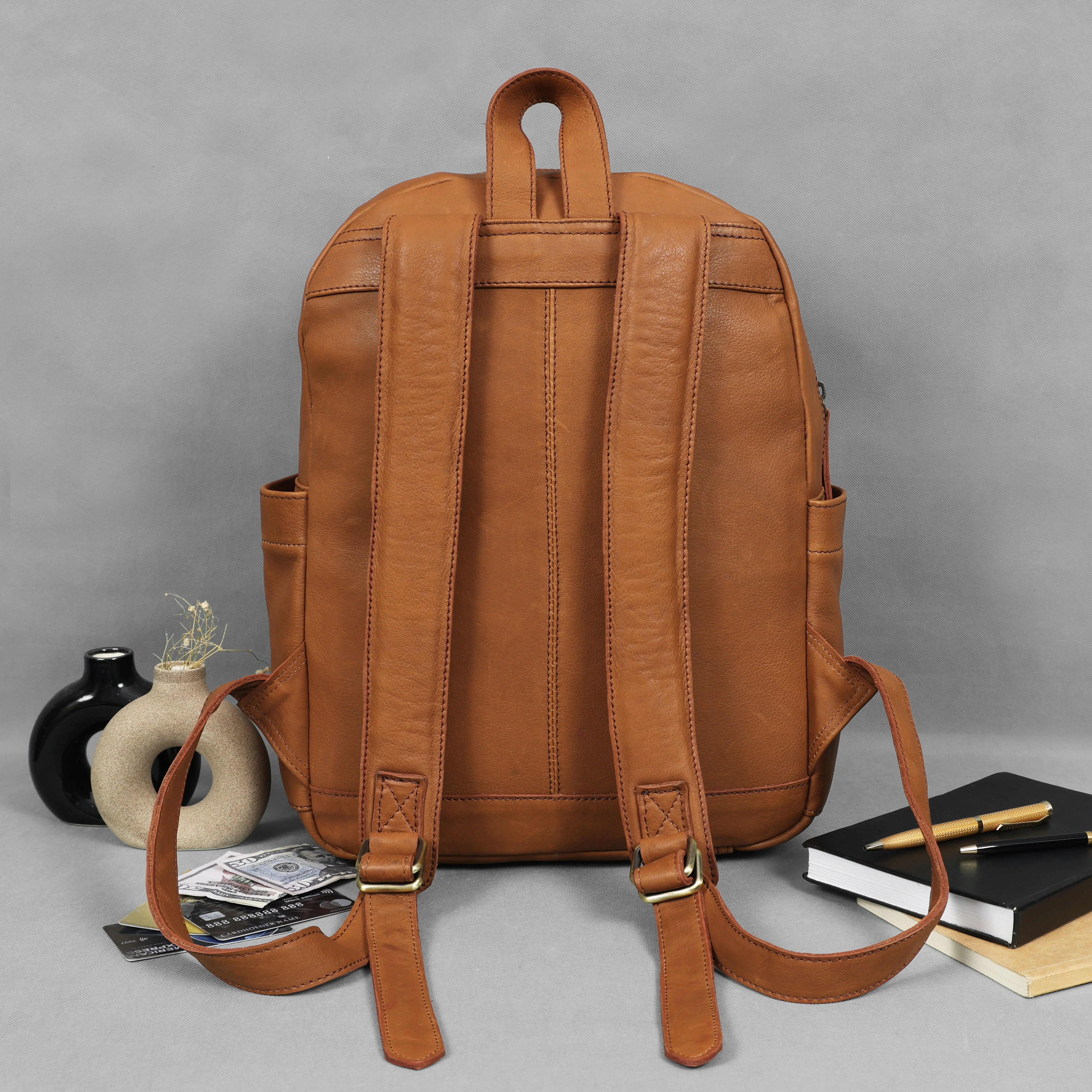 Premium Genuine Tan Leather Backpack with Multi Zip Pockets & Adjustable Straps - Image 3