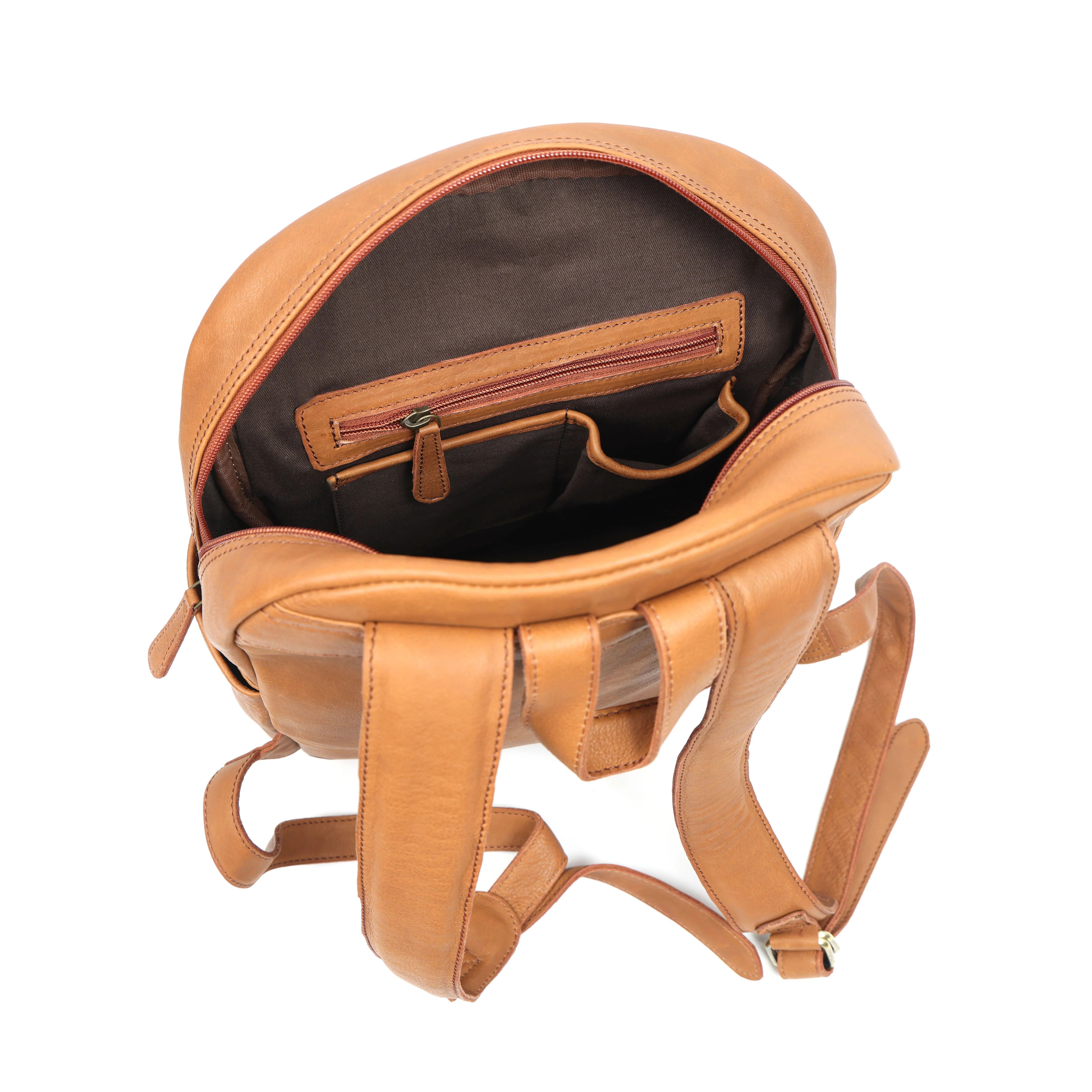 Premium Genuine Tan Leather Backpack with Multi Zip Pockets & Adjustable Straps - Image 6