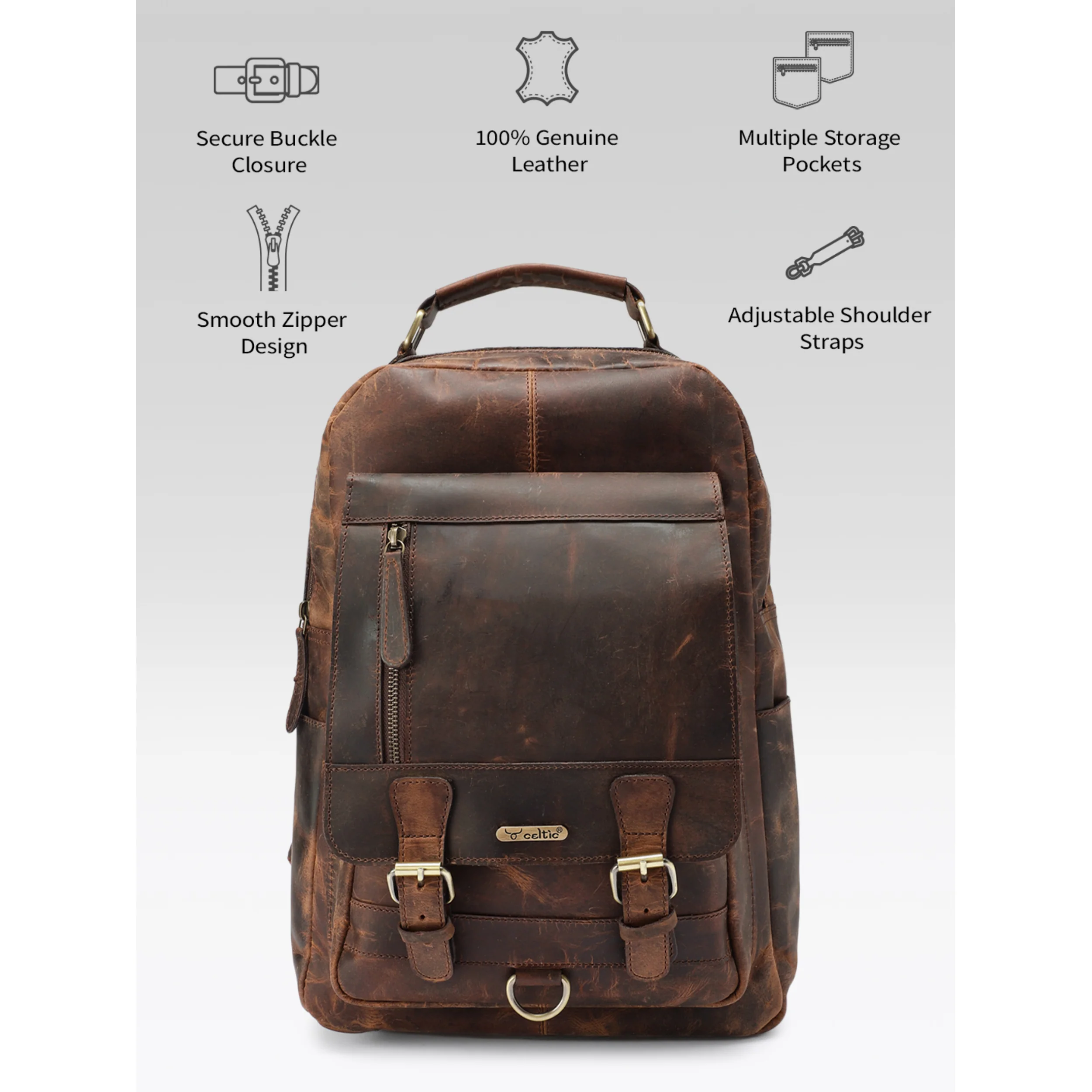 Premium Genuine Leather Backpack with Front Zip Pocket & Padded Shoulder Straps - Image 11