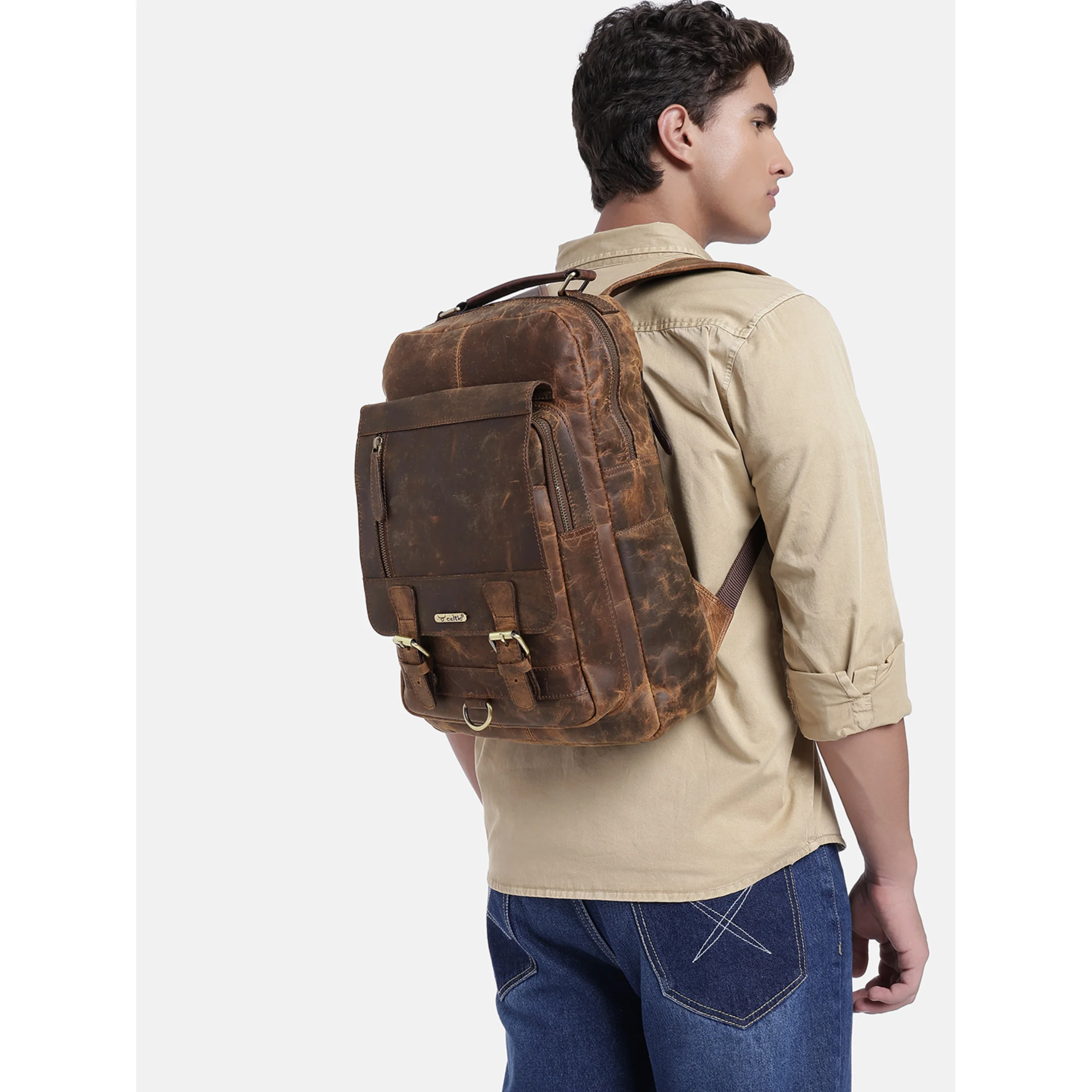 Premium Genuine Leather Backpack with Front Zip Pocket & Padded Shoulder Straps - Image 3