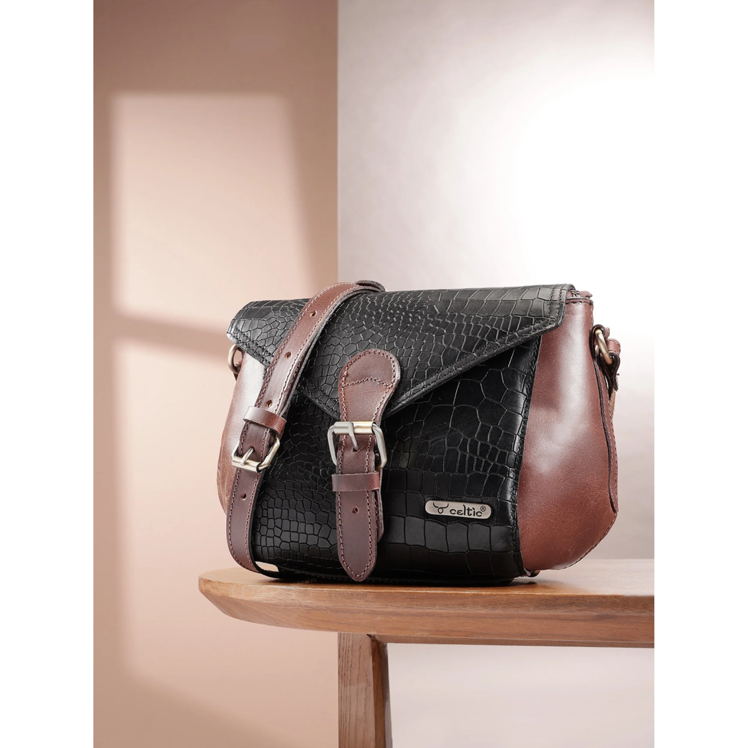 Women Leather Crossbody Sling Bag Black and Brown Croc Texture with Buckle Tab