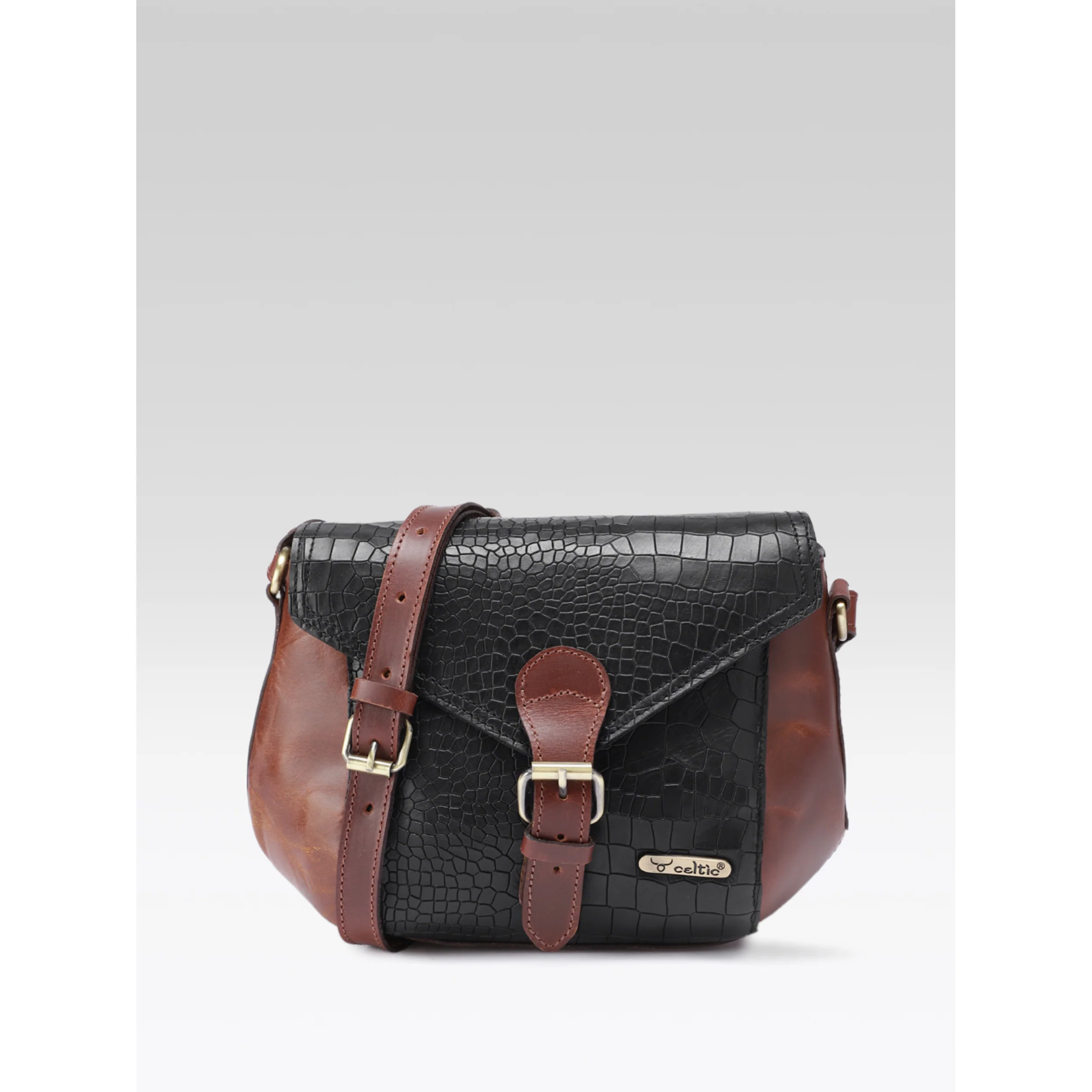 Women Leather Crossbody Sling Bag Black and Brown Croc Texture with Buckle Tab - Image 2