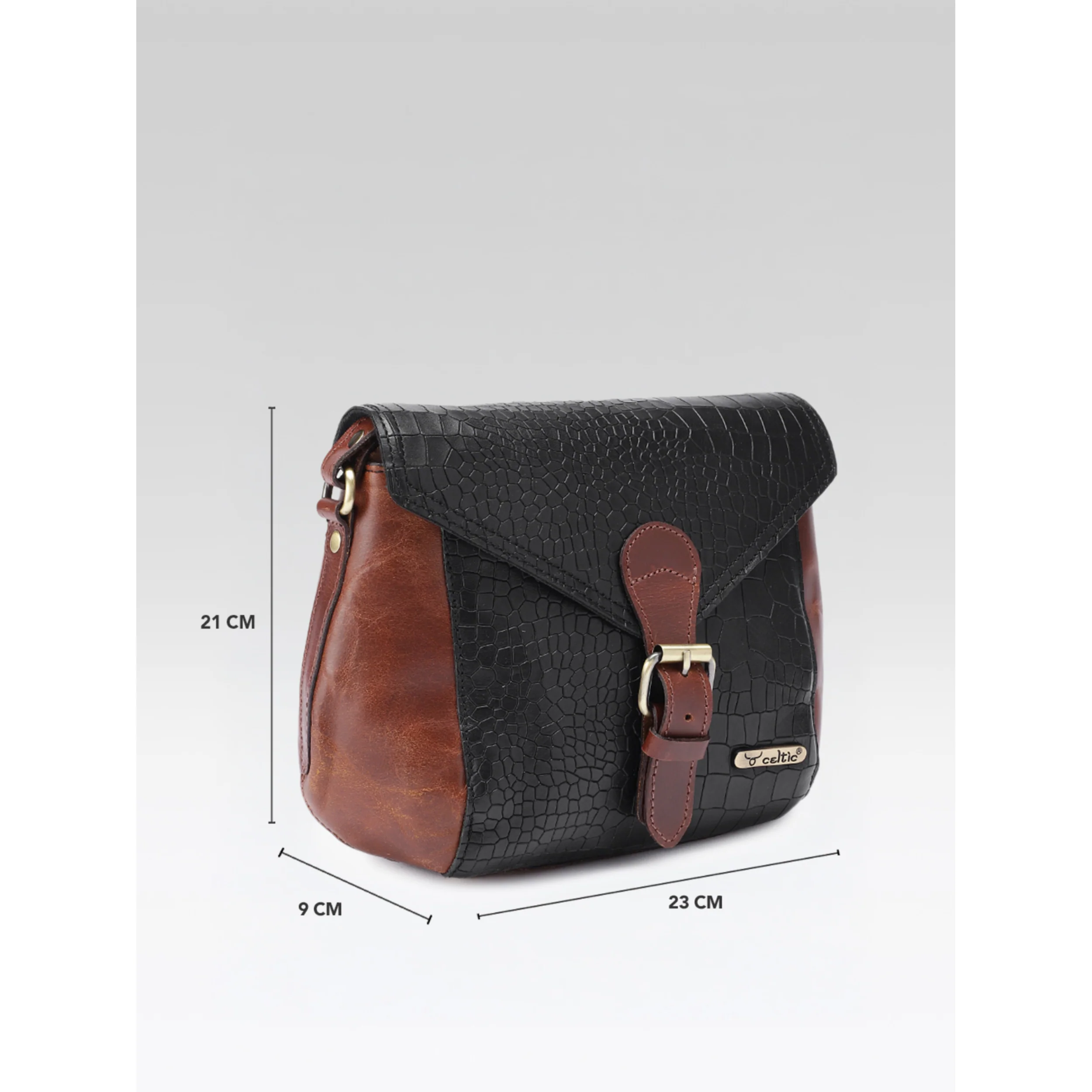 Women Leather Crossbody Sling Bag Black and Brown Croc Texture with Buckle Tab - Image 4