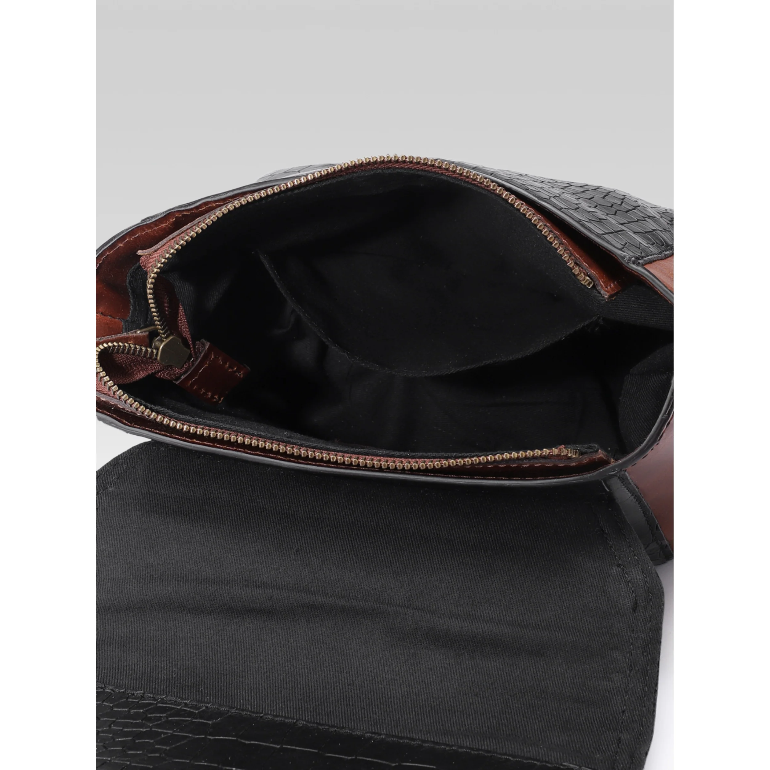 Women Leather Crossbody Sling Bag Black and Brown Croc Texture with Buckle Tab - Image 7