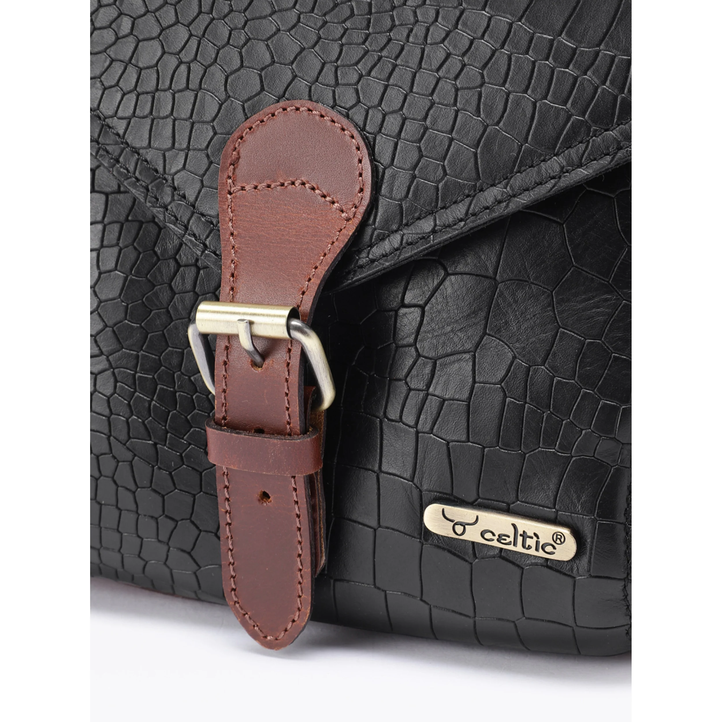 Women Leather Crossbody Sling Bag Black and Brown Croc Texture with Buckle Tab - Image 8