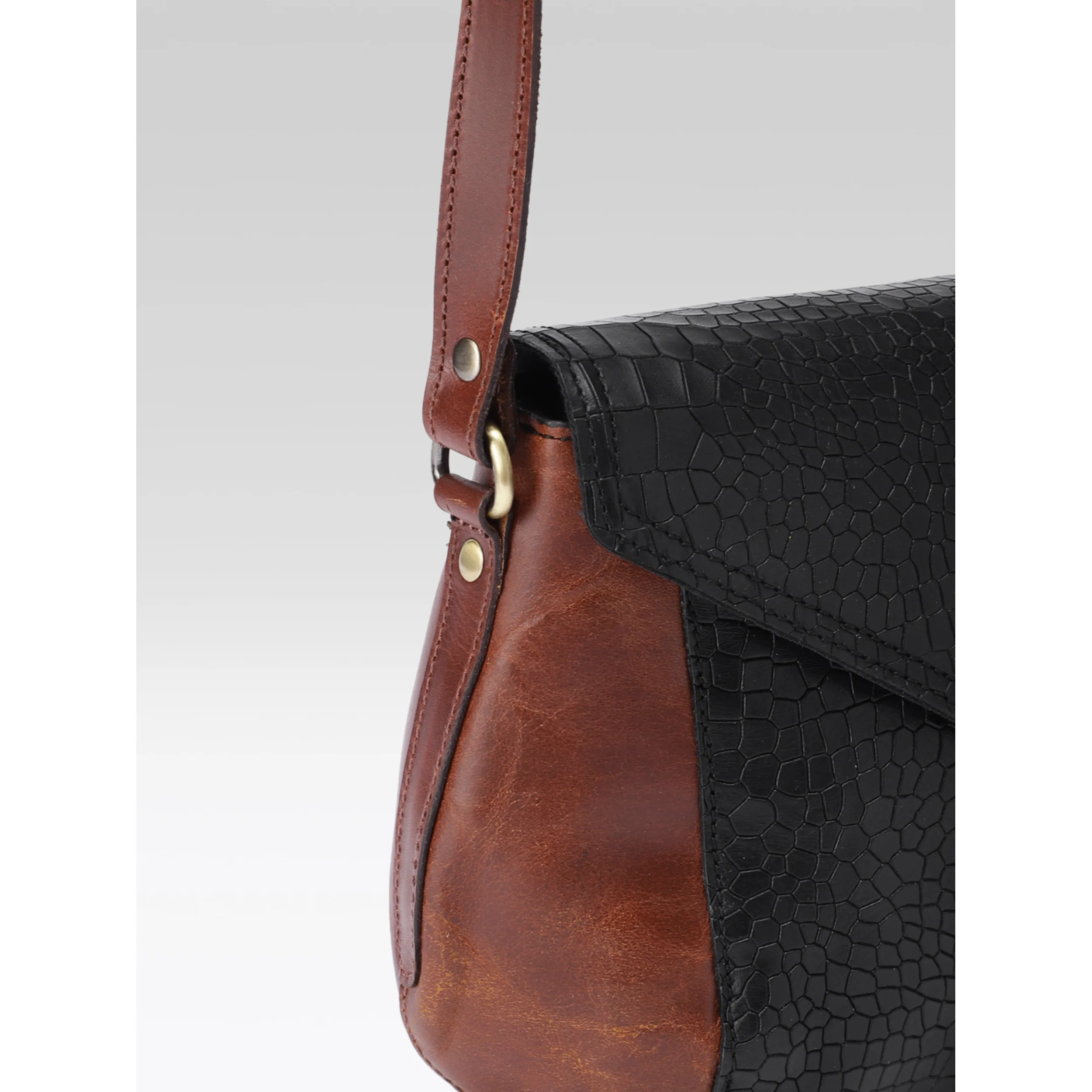 Women Leather Crossbody Sling Bag Black and Brown Croc Texture with Buckle Tab - Image 9