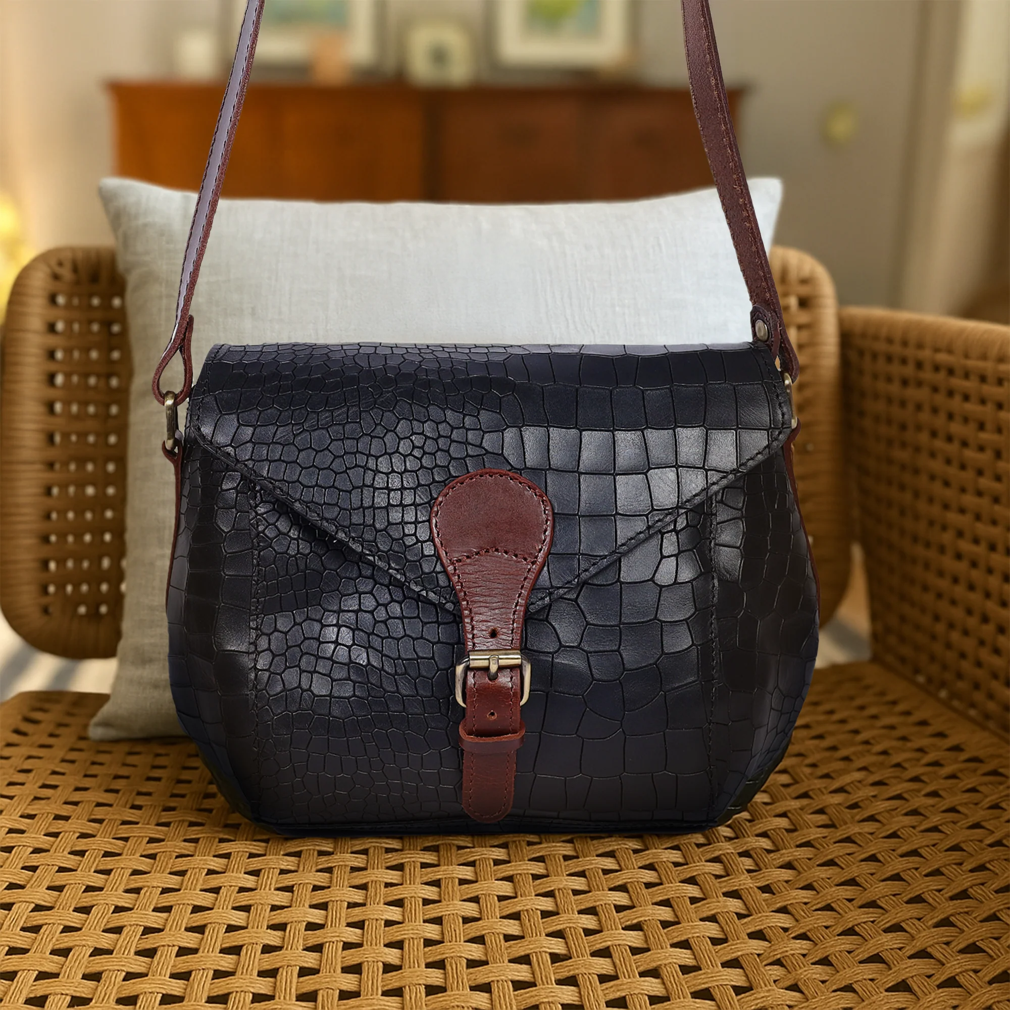Croc-Texture Structured Sling Bag with Buckle Flap - Image 7