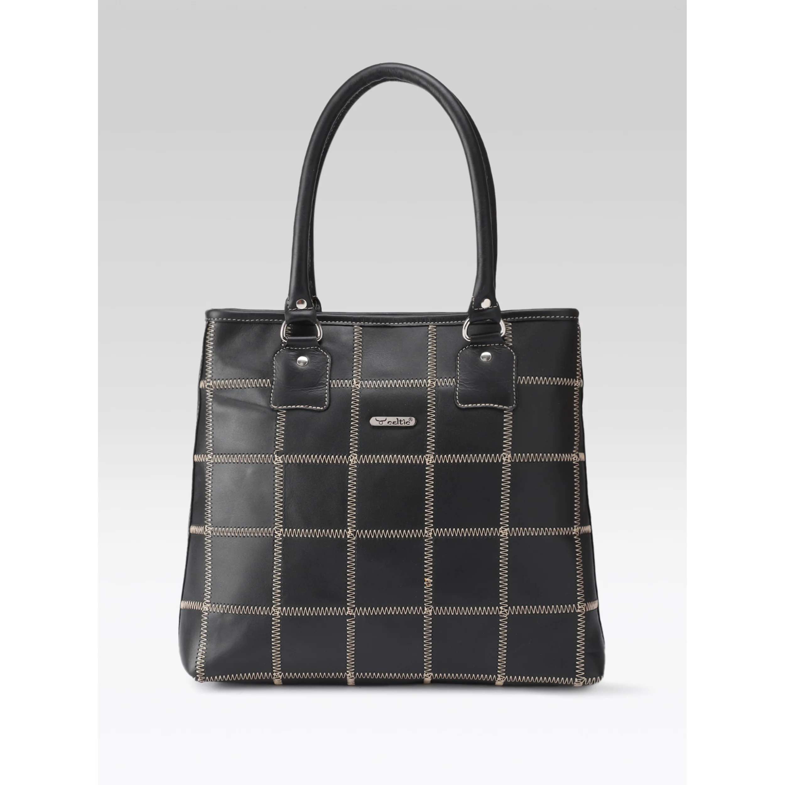 Premium Genuine Leather Shoulder totebag with Grid Stitching & Zip Closure - Image 2