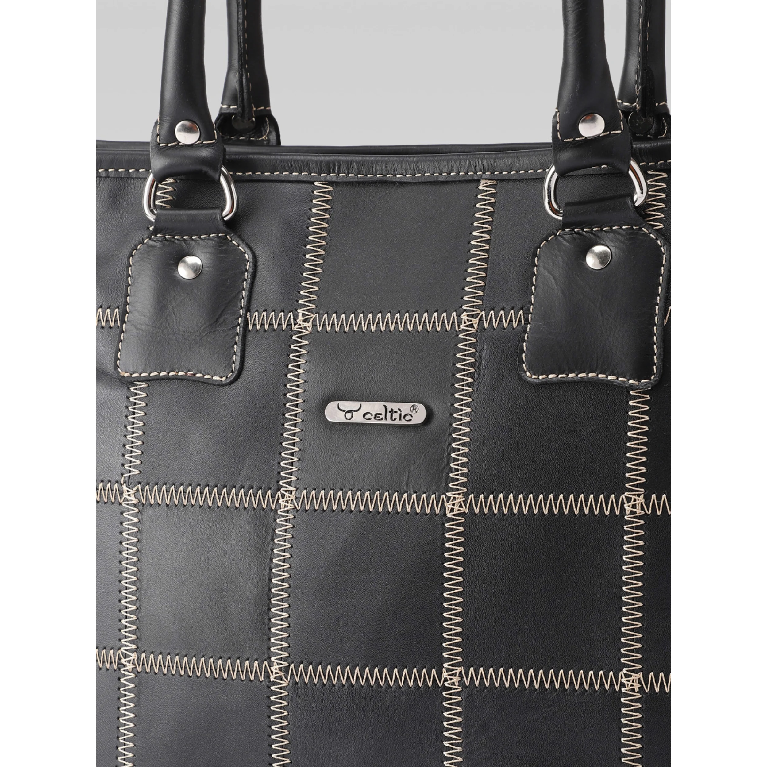 Premium Genuine Leather Shoulder totebag with Grid Stitching & Zip Closure - Image 7