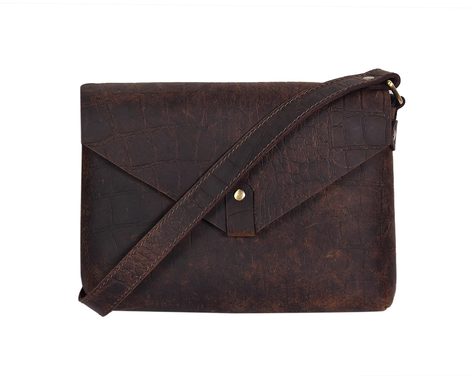 Vintage Croc-Textured Brown Leather Crossbody Sling Bag - Image 4