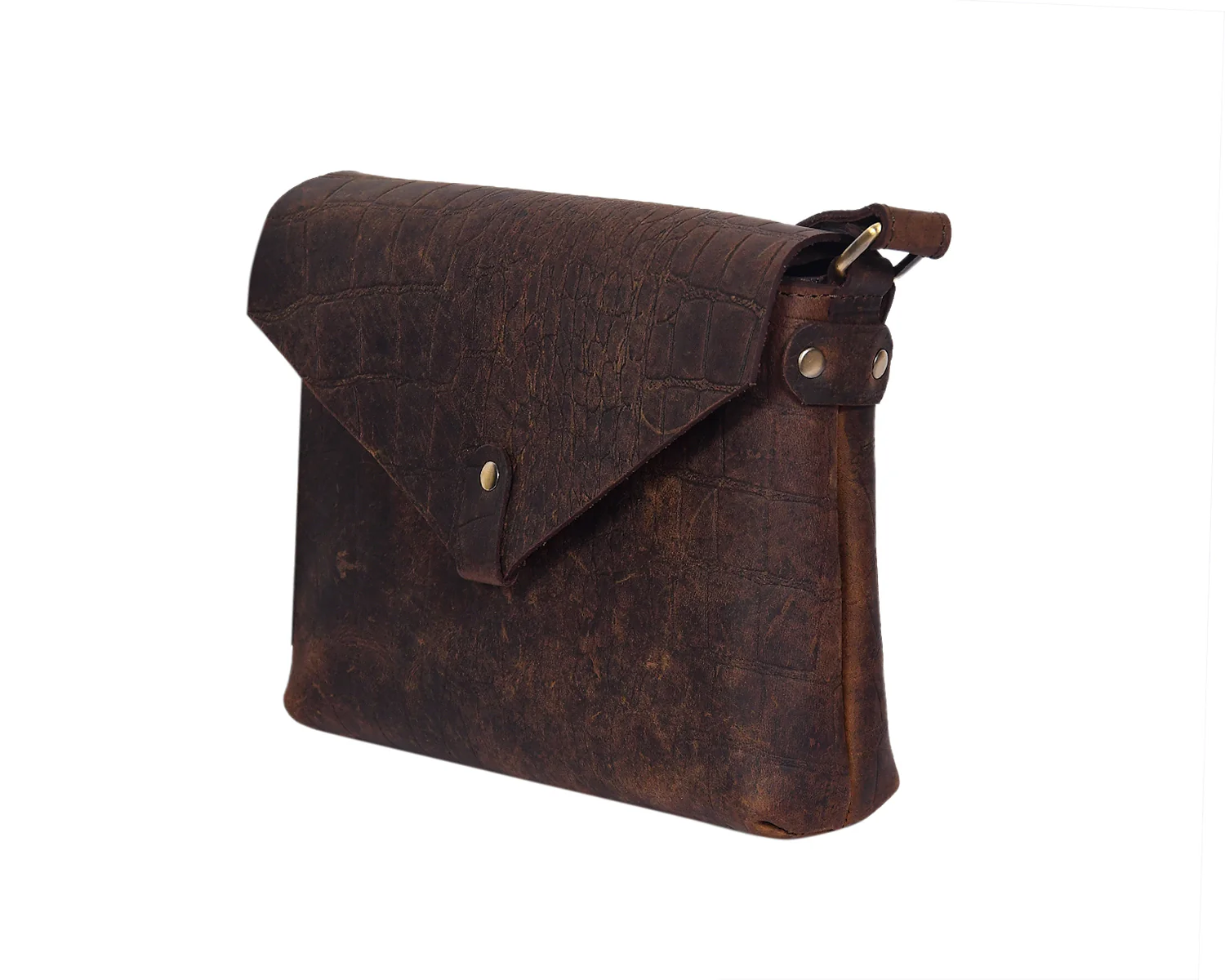 Vintage Croc-Textured Brown Leather Crossbody Sling Bag - Image 6
