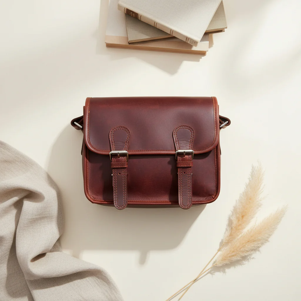Full-Grain Leather Small Messenger Bag with Dual Buckle Closure & Canvas Lining