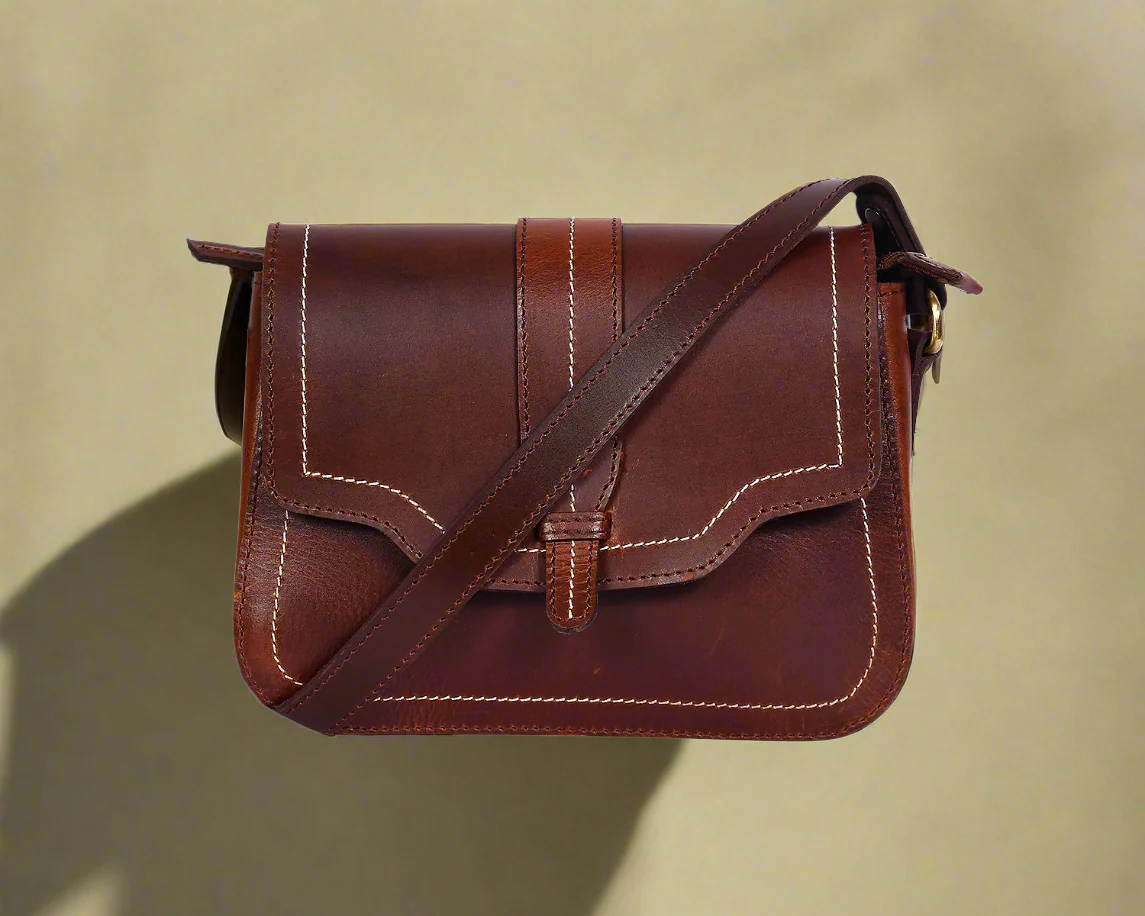 Premium Genuine Leather Crossbody Bag with Front Flap & White Stitch Detailing