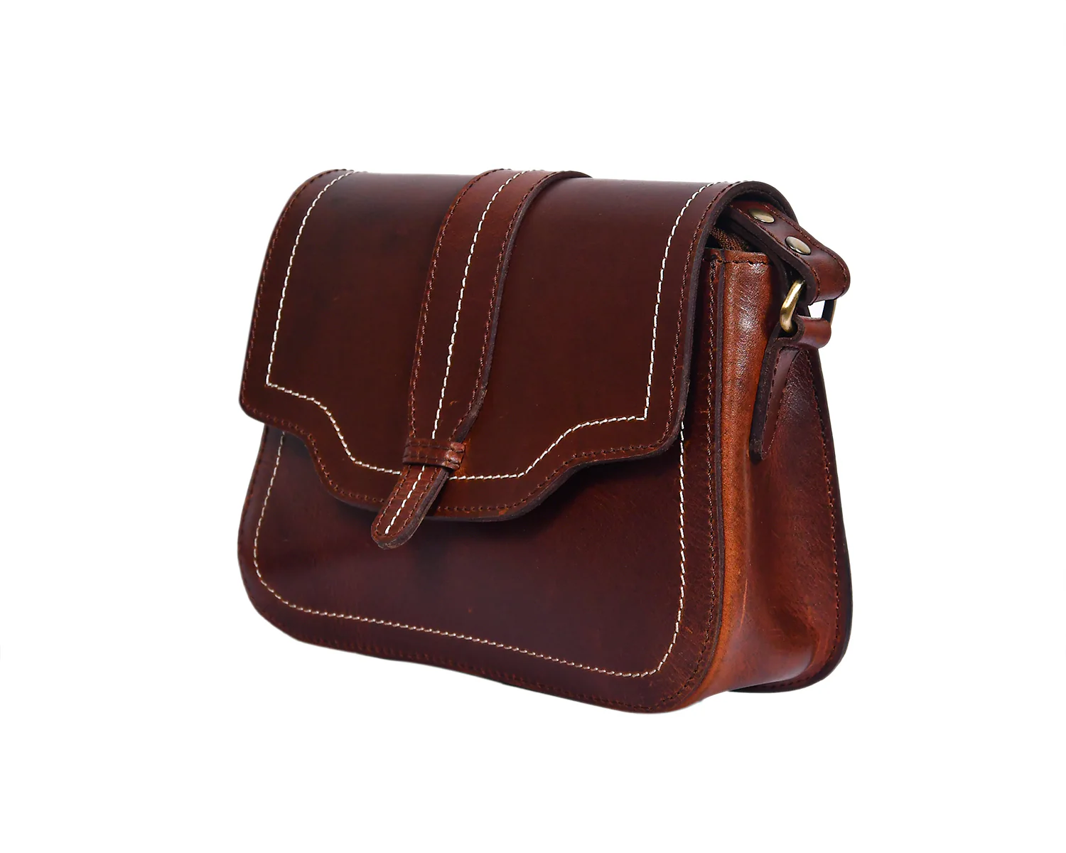 Premium Genuine Leather Crossbody Bag with Front Flap & White Stitch Detailing - Image 4