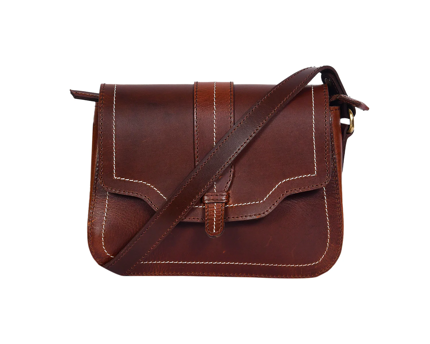 Premium Genuine Leather Crossbody Bag with Front Flap & White Stitch Detailing - Image 6