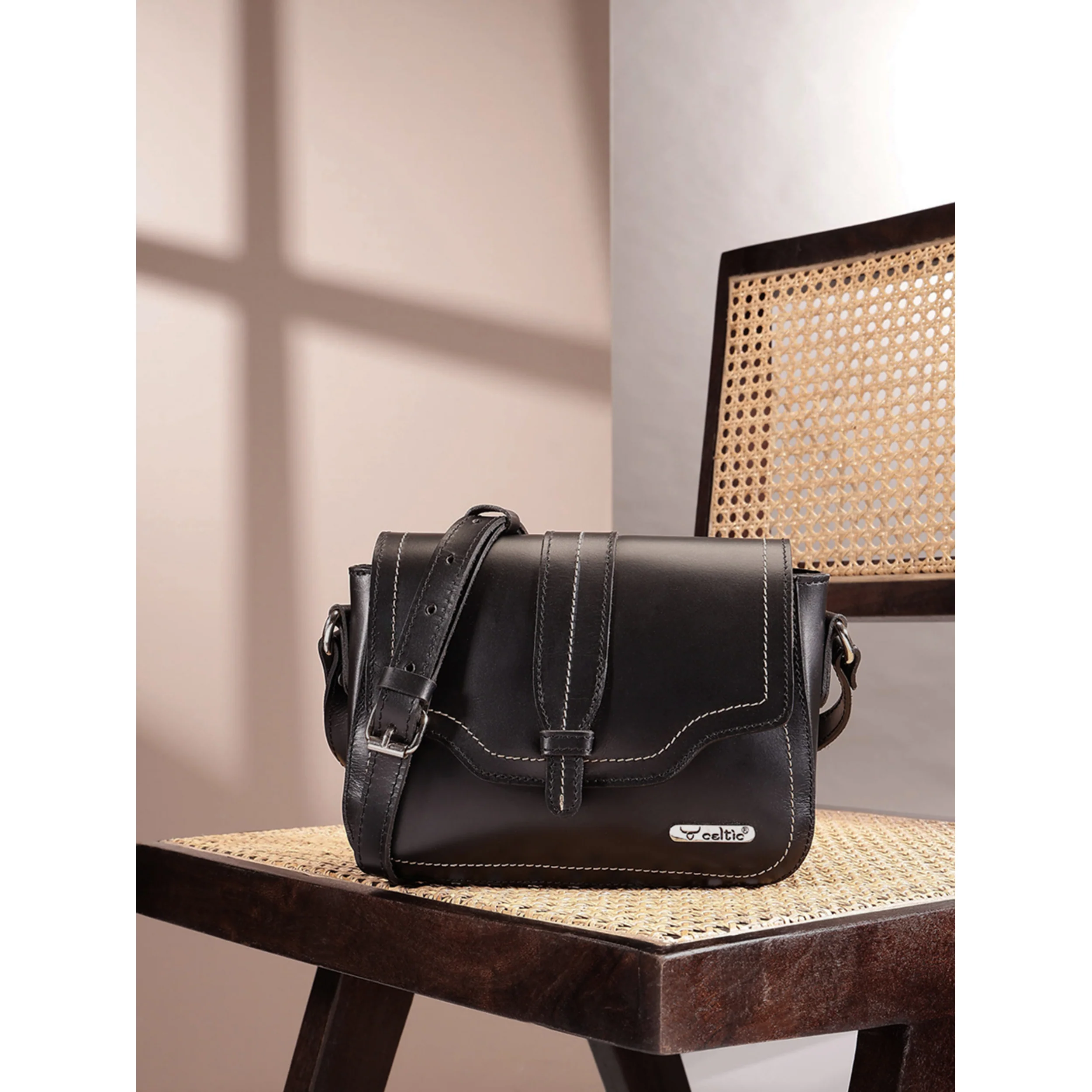 Premium Genuine Leather Crossbody Bag with Front Flap & White Stitch Detailing - Image 9