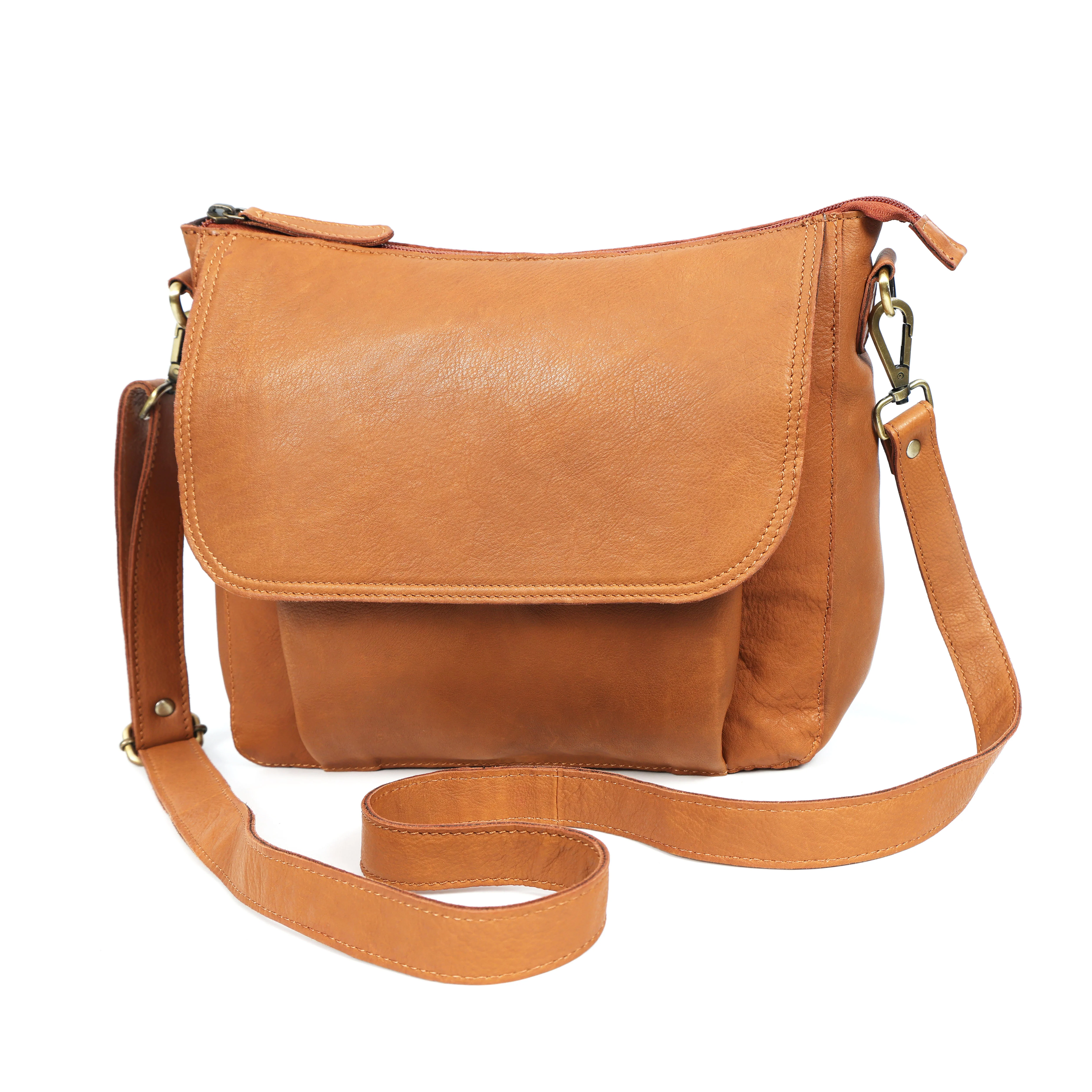 Premium Tan Leather Crossbody Messenger Bag with Multiple Zip Pockets & Adjustable Strap - Image 2