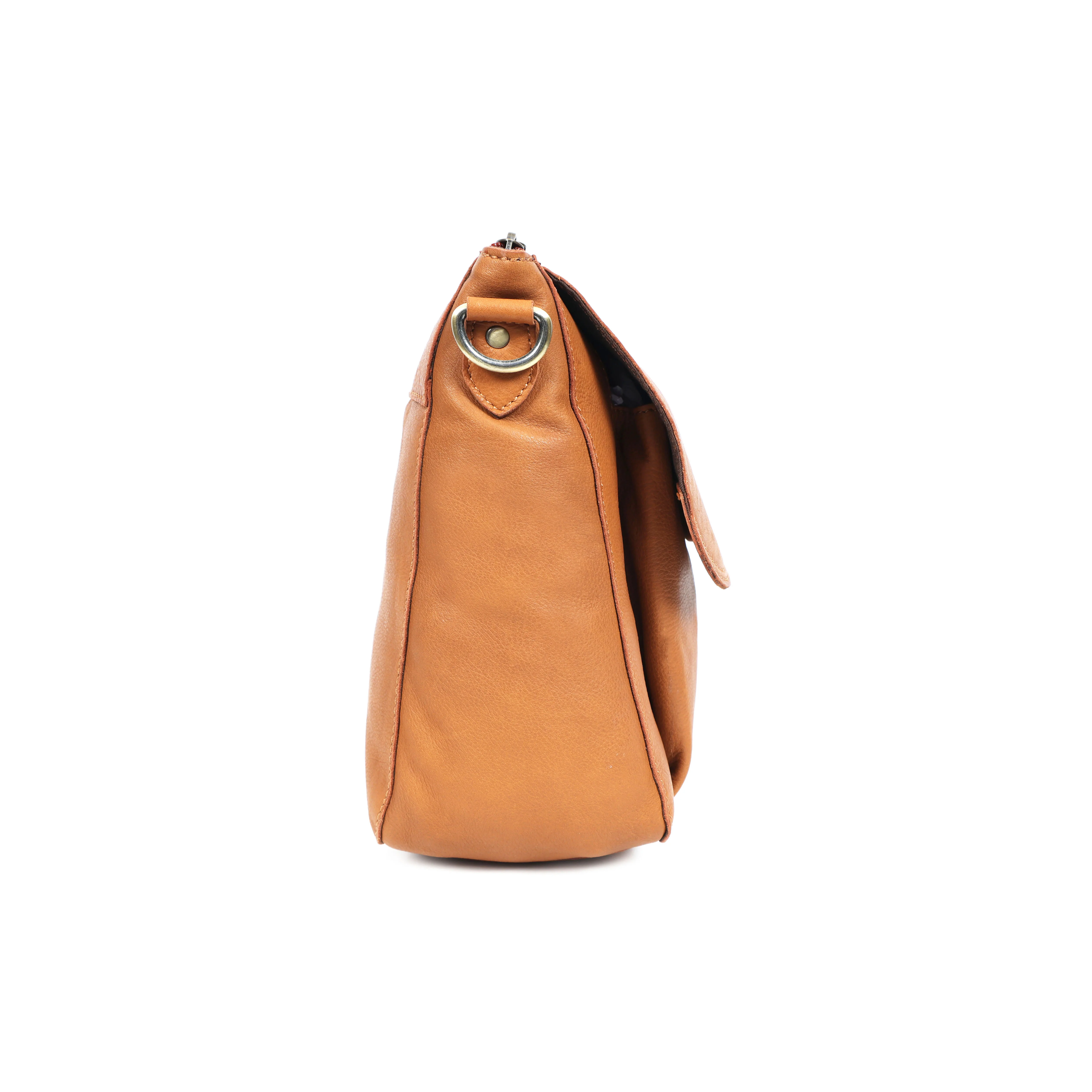Premium Tan Leather Crossbody Messenger Bag with Multiple Zip Pockets & Adjustable Strap - Image 3