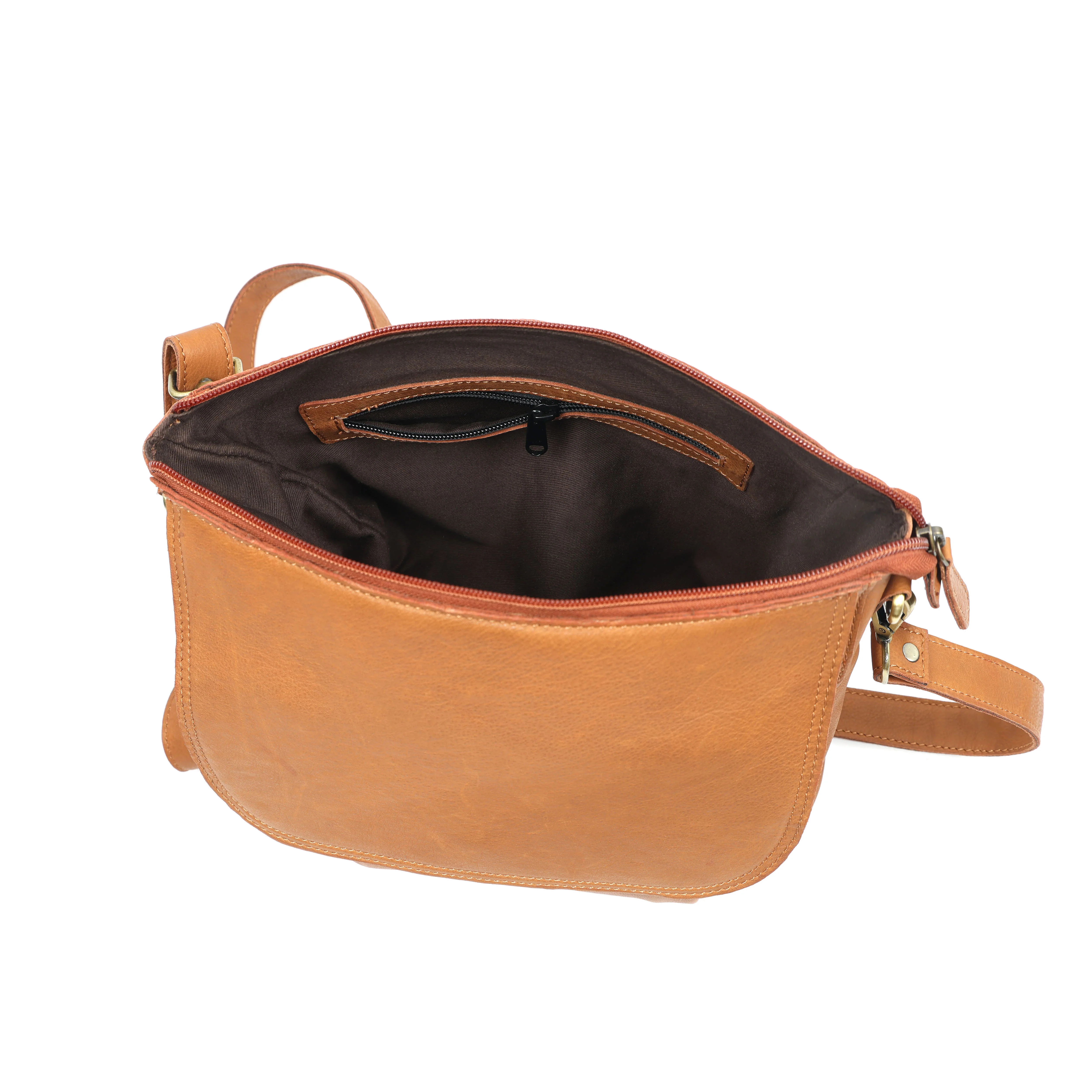 Premium Tan Leather Crossbody Messenger Bag with Multiple Zip Pockets & Adjustable Strap - Image 4