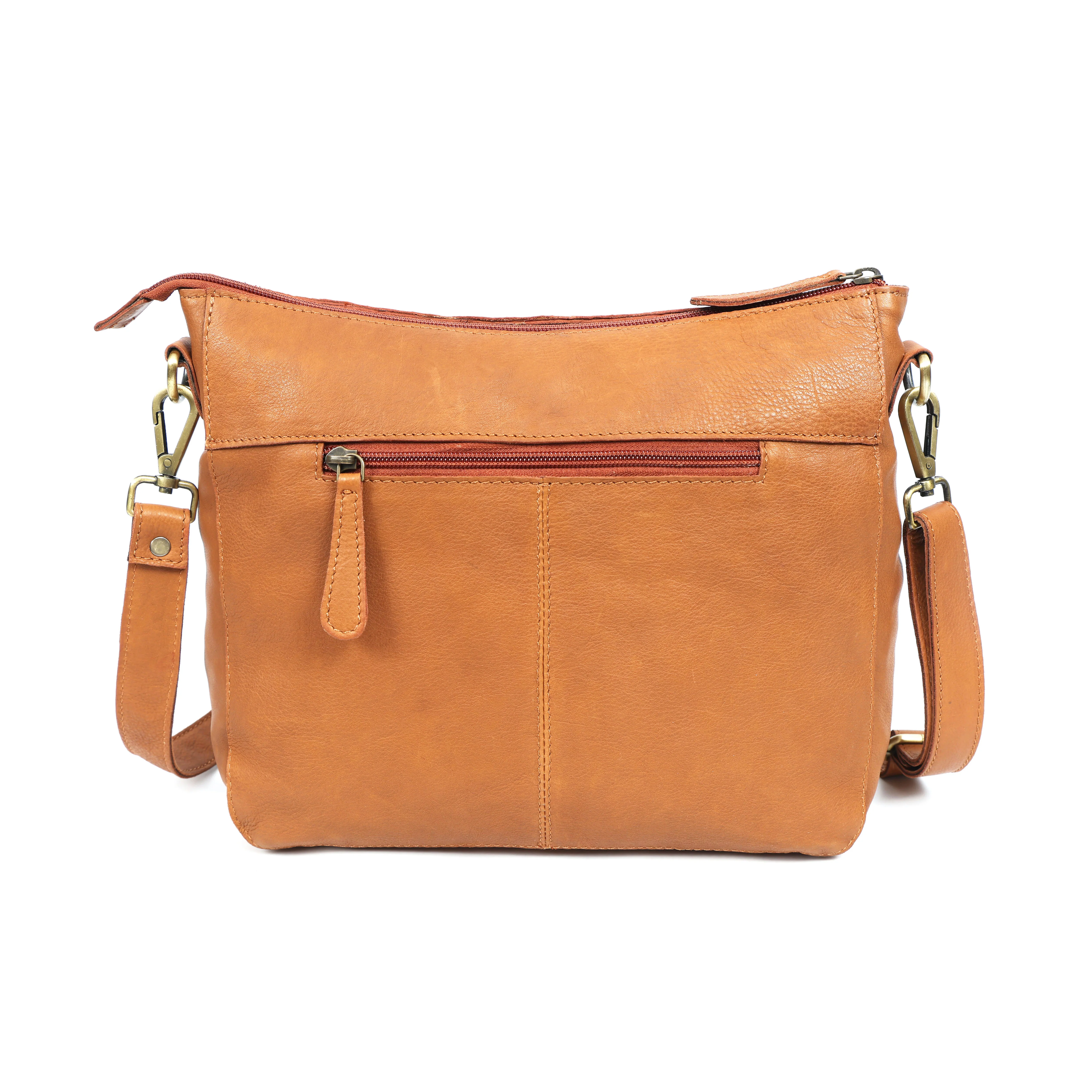 Premium Tan Leather Crossbody Messenger Bag with Multiple Zip Pockets & Adjustable Strap - Image 5