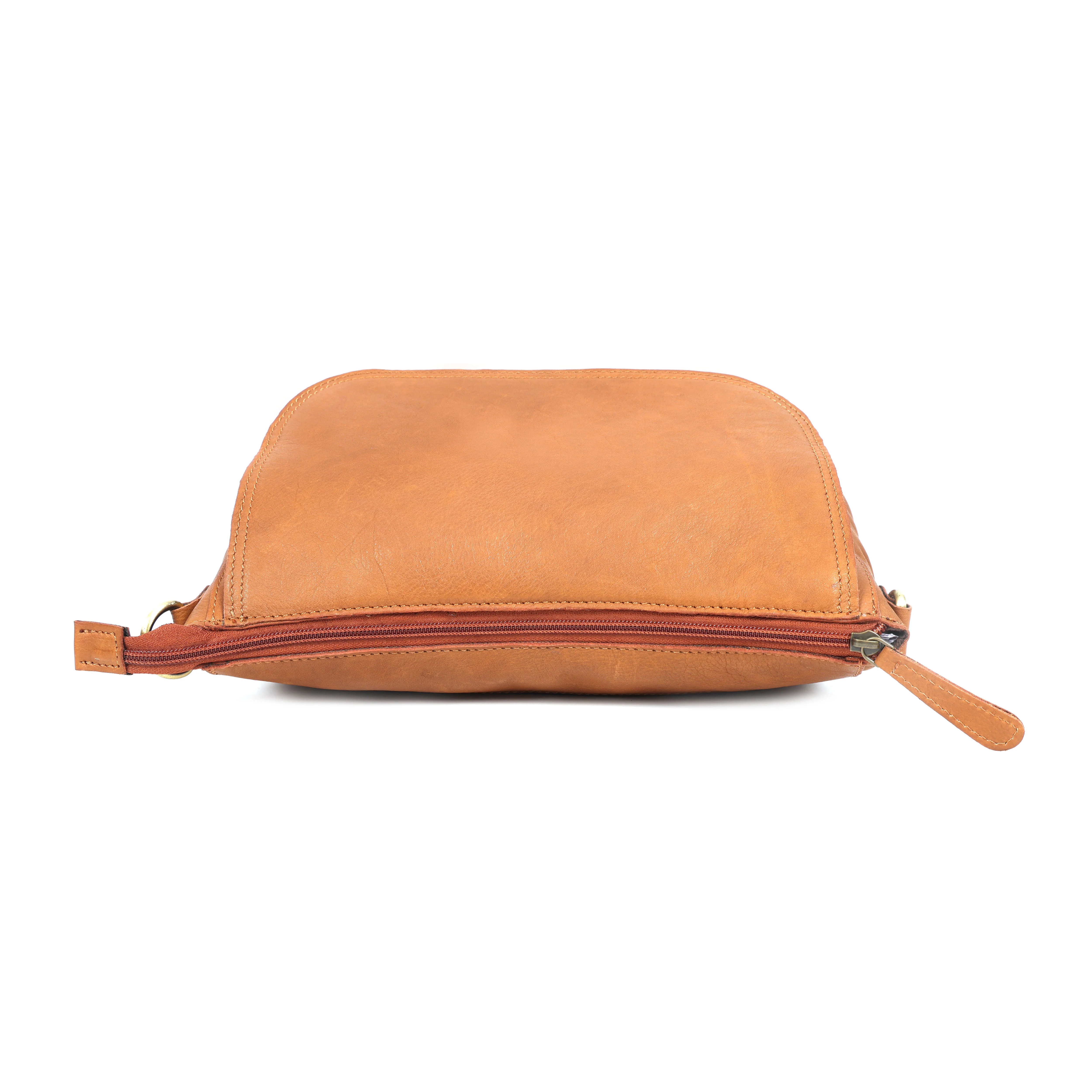 Premium Tan Leather Crossbody Messenger Bag with Multiple Zip Pockets & Adjustable Strap - Image 6