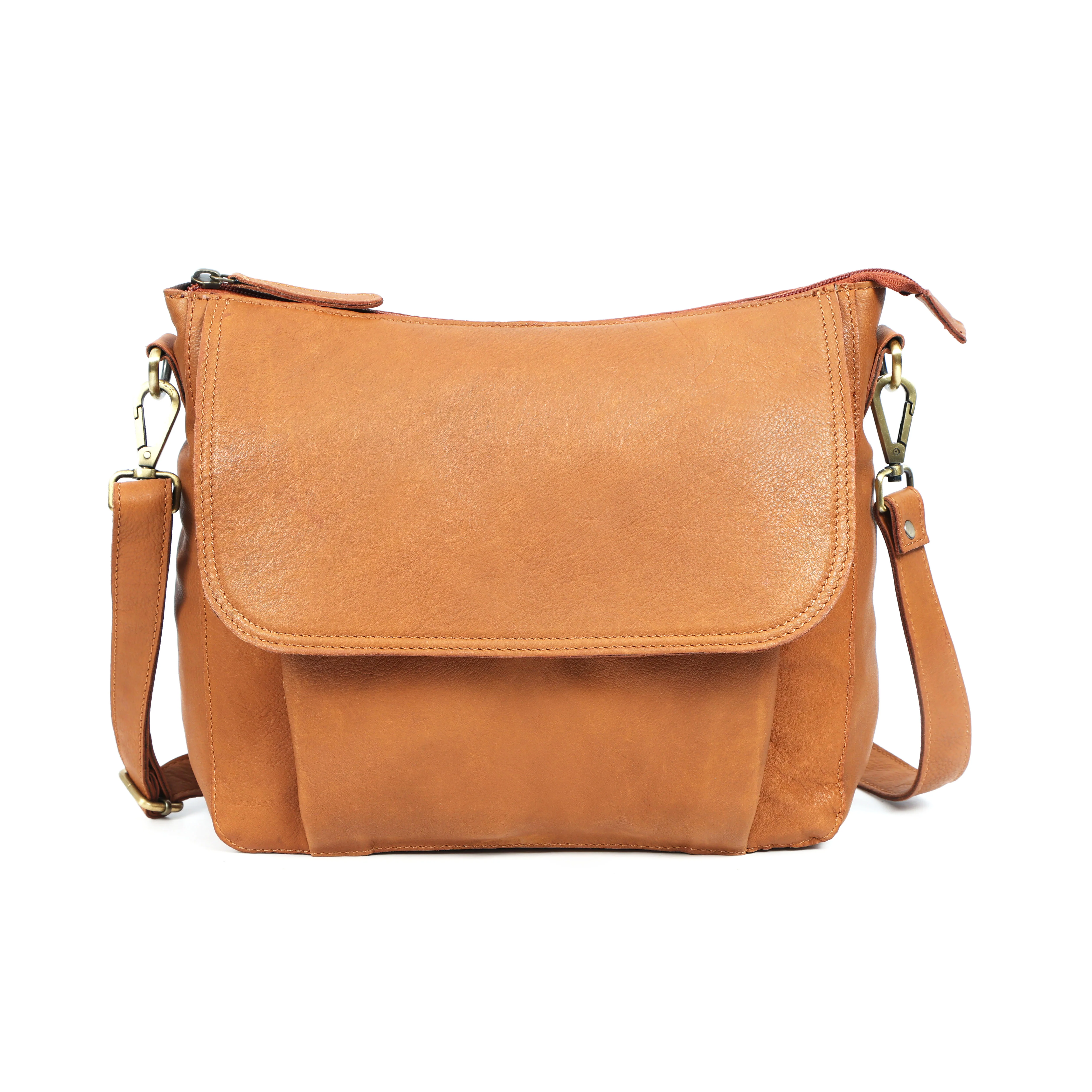 Premium Tan Leather Crossbody Messenger Bag with Multiple Zip Pockets & Adjustable Strap - Image 7