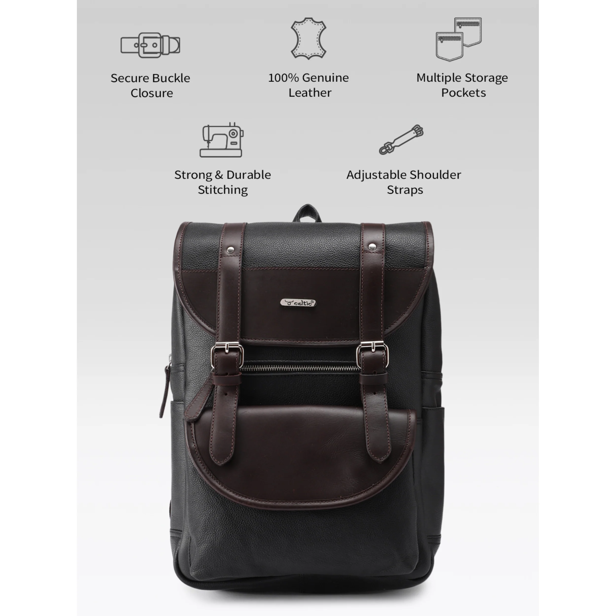 Premium Genuine Leather Laptop Backpack with Dual Buckle Design, Multiple Zip Pockets - Image 9
