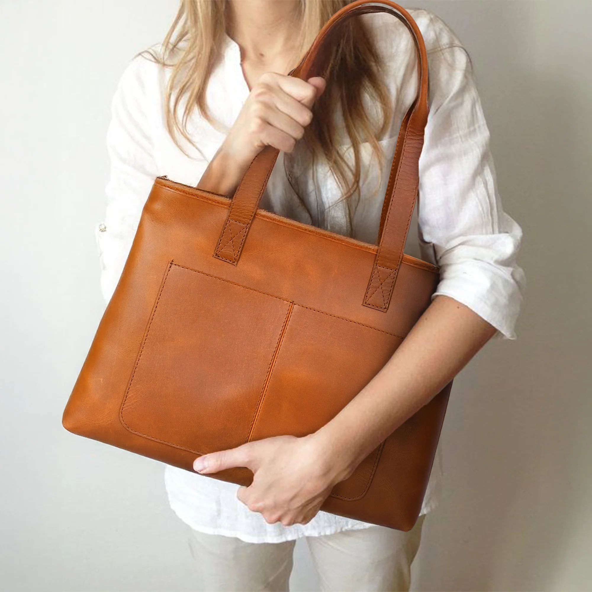 Premium Genuine Leather Tote Bag with Front Pockets
