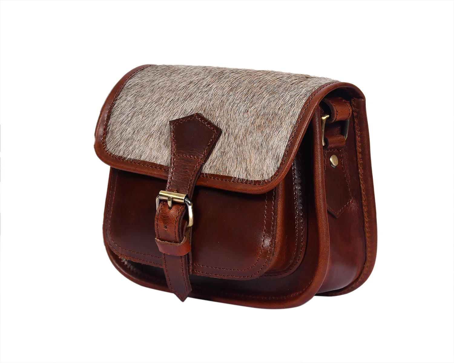 Women’s Genuine Leather Mini Crossbody Bag Natural Hair-On Flap (Brown & Grey) - Image 3