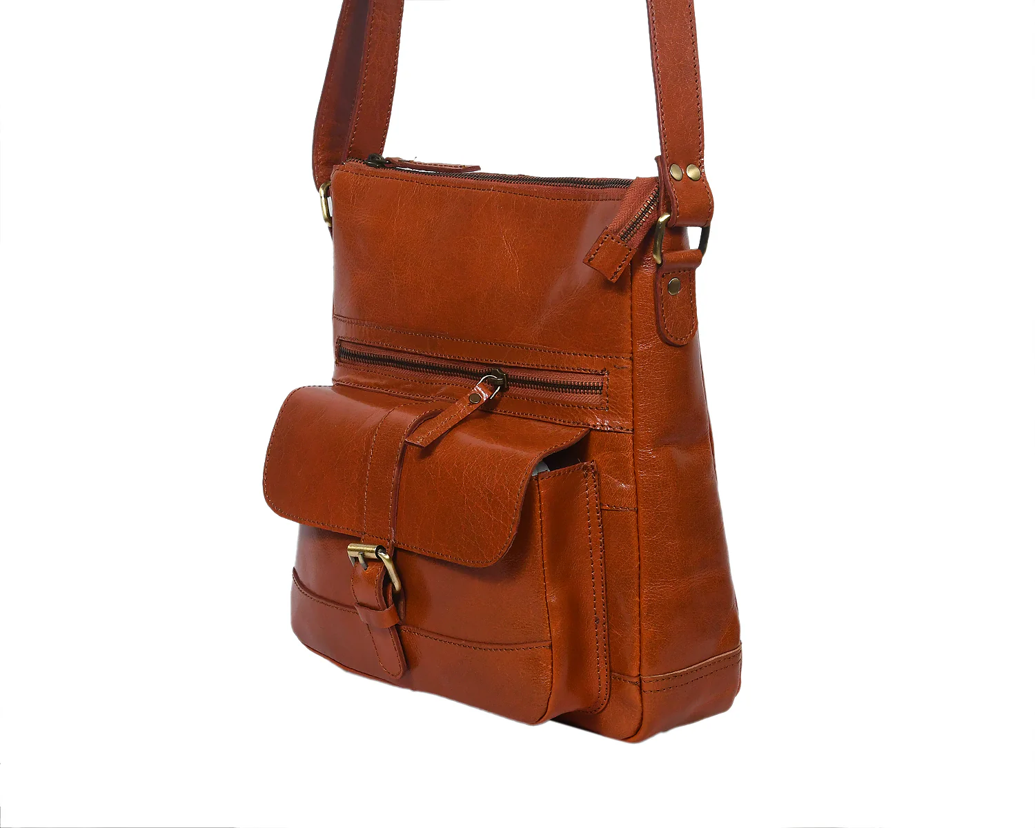 Slim Genuine Leather Crossbody Bag with Buckle Pocket & Multiple Compartments - Image 4