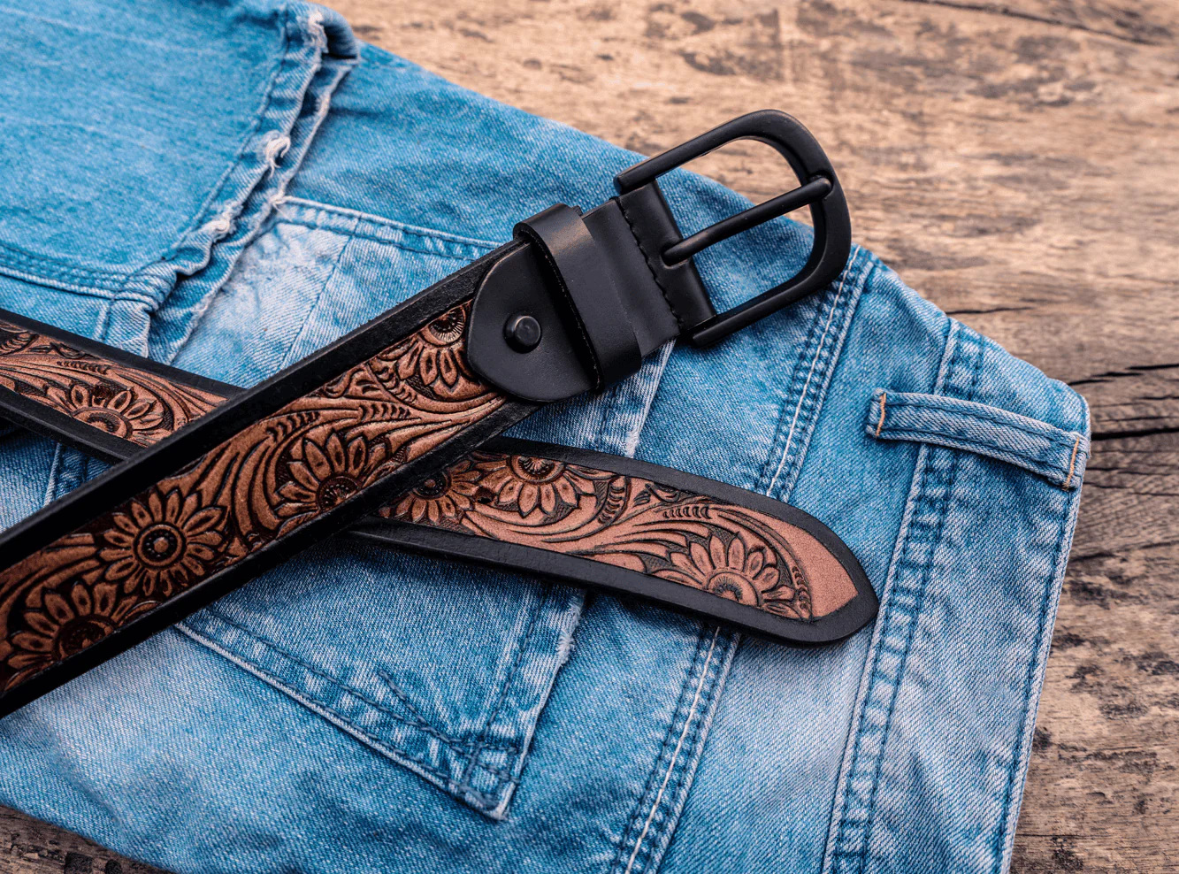Unisex Genuine Leather Floral Embossed Brown Waist Accessory Matte Black Buckle - Image 3