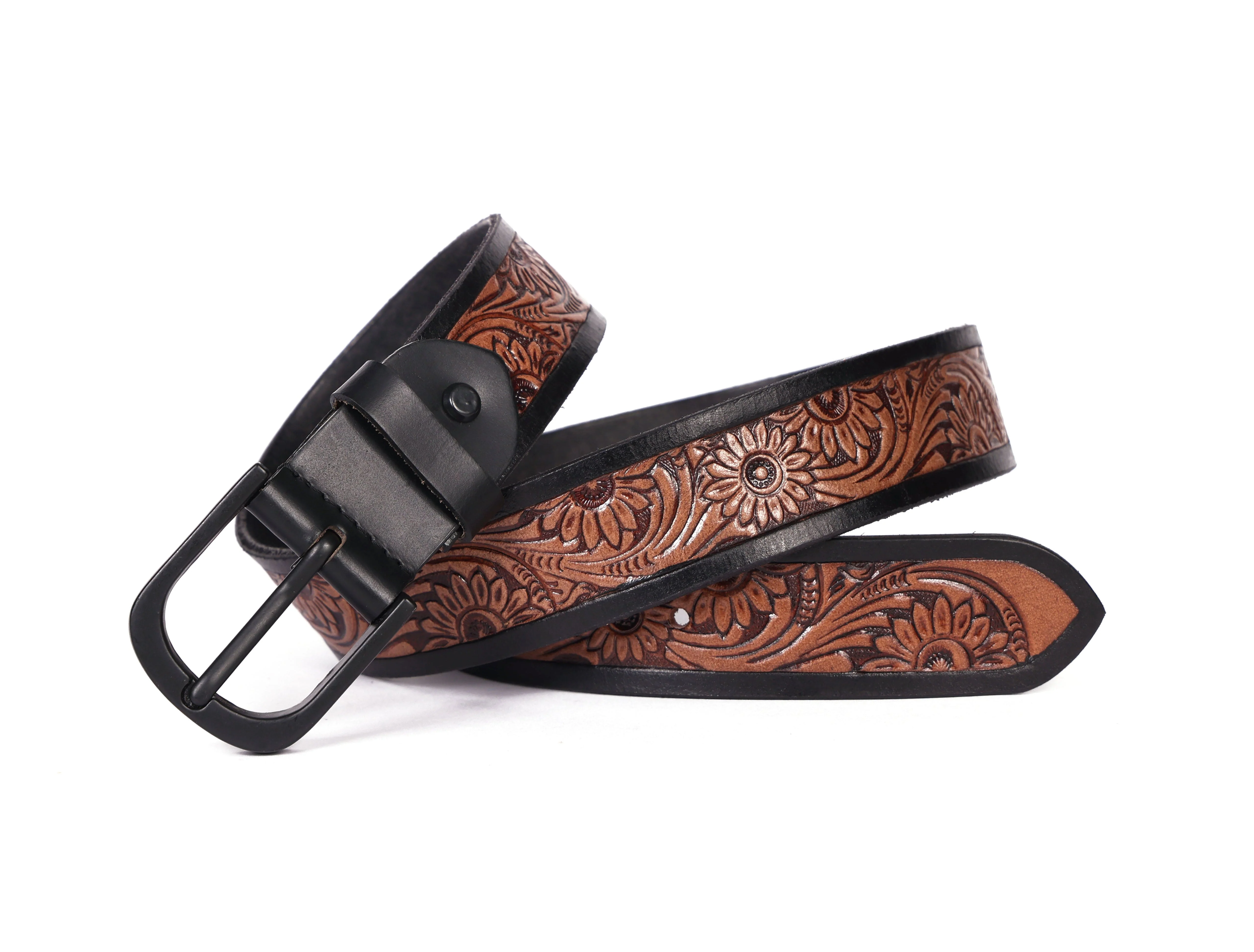 Unisex Genuine Leather Floral Embossed Brown Waist Accessory Matte Black Buckle - Image 4