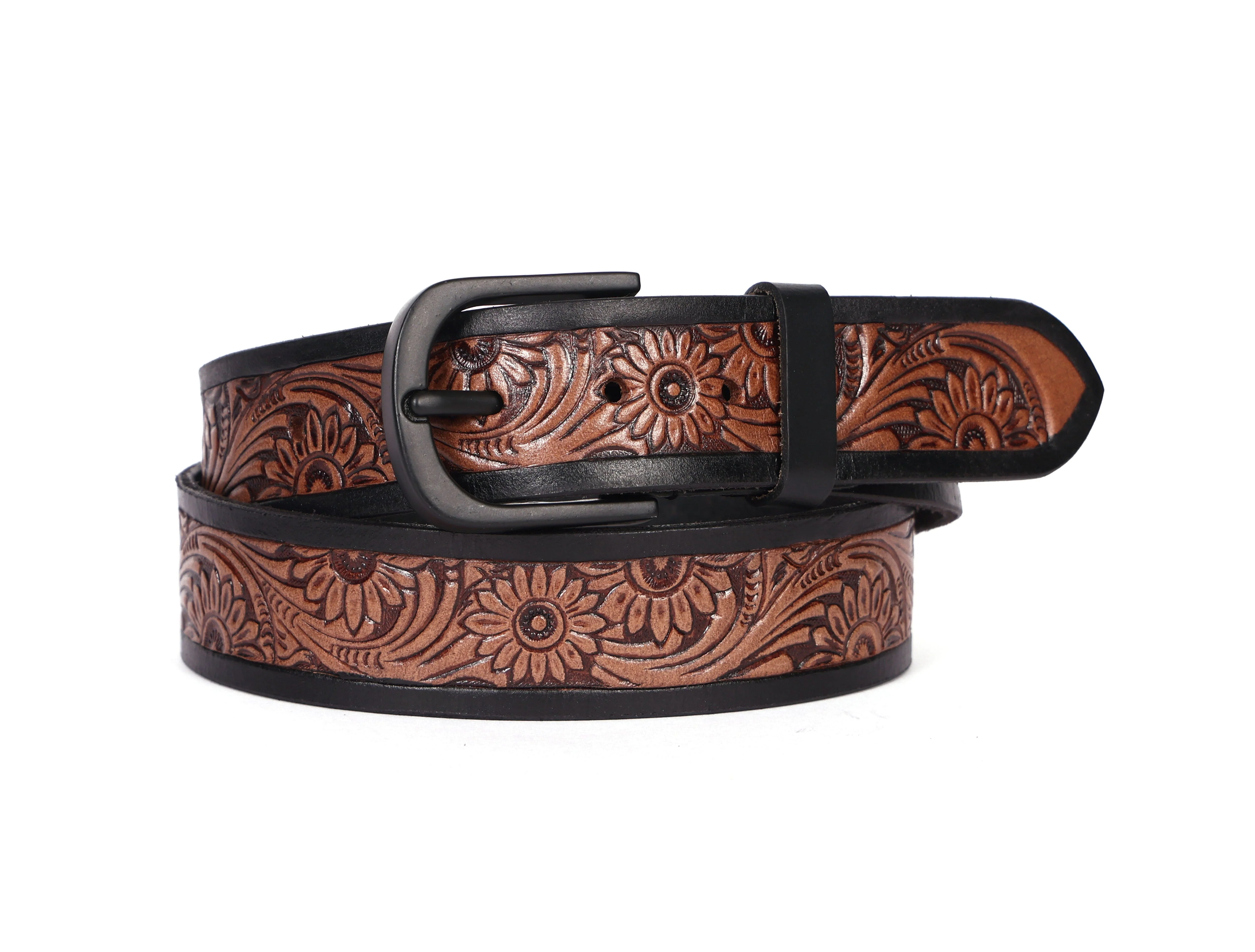 Unisex Genuine Leather Floral Embossed Brown Waist Accessory Matte Black Buckle - Image 5