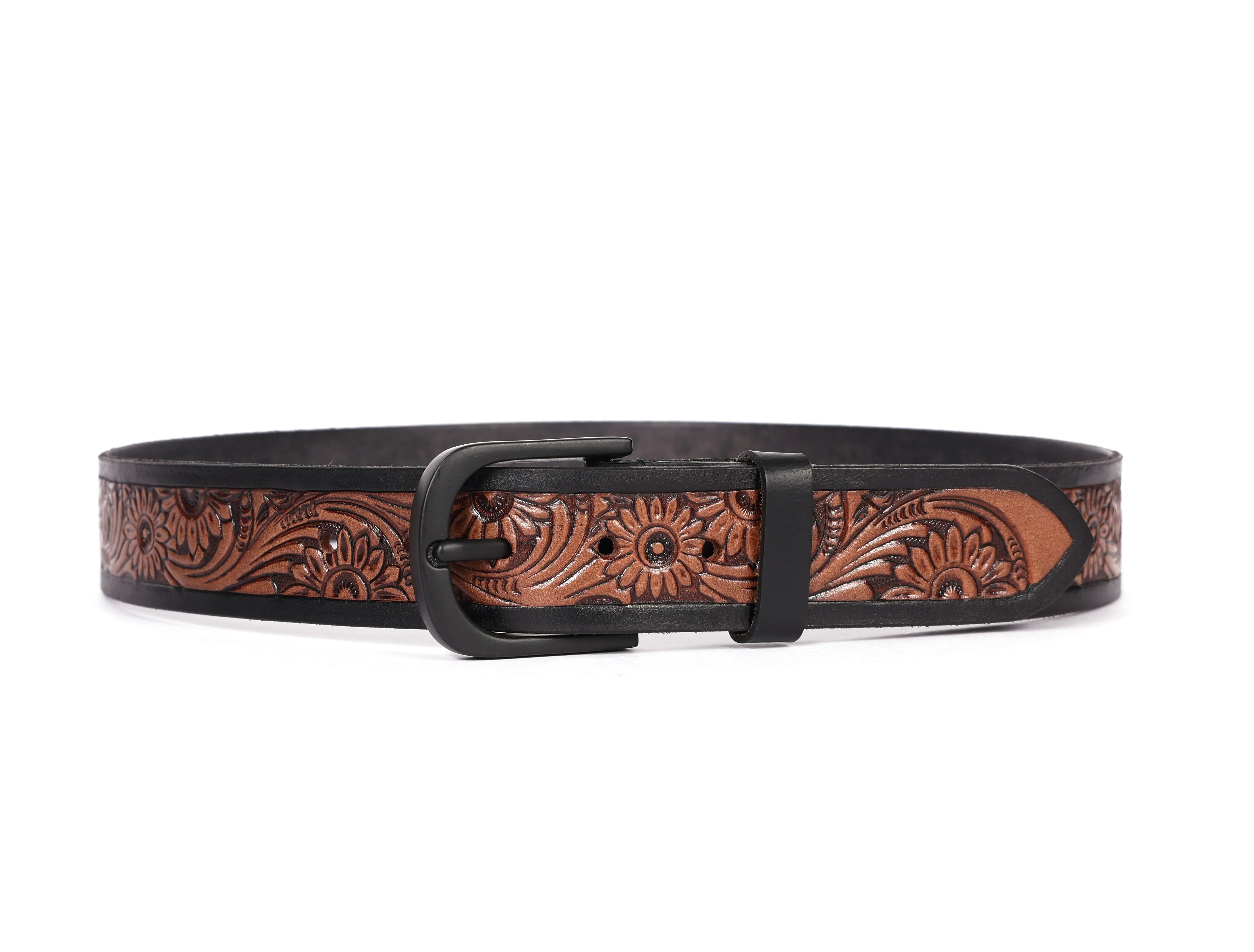 Unisex Genuine Leather Floral Embossed Brown Waist Accessory Matte Black Buckle - Image 6