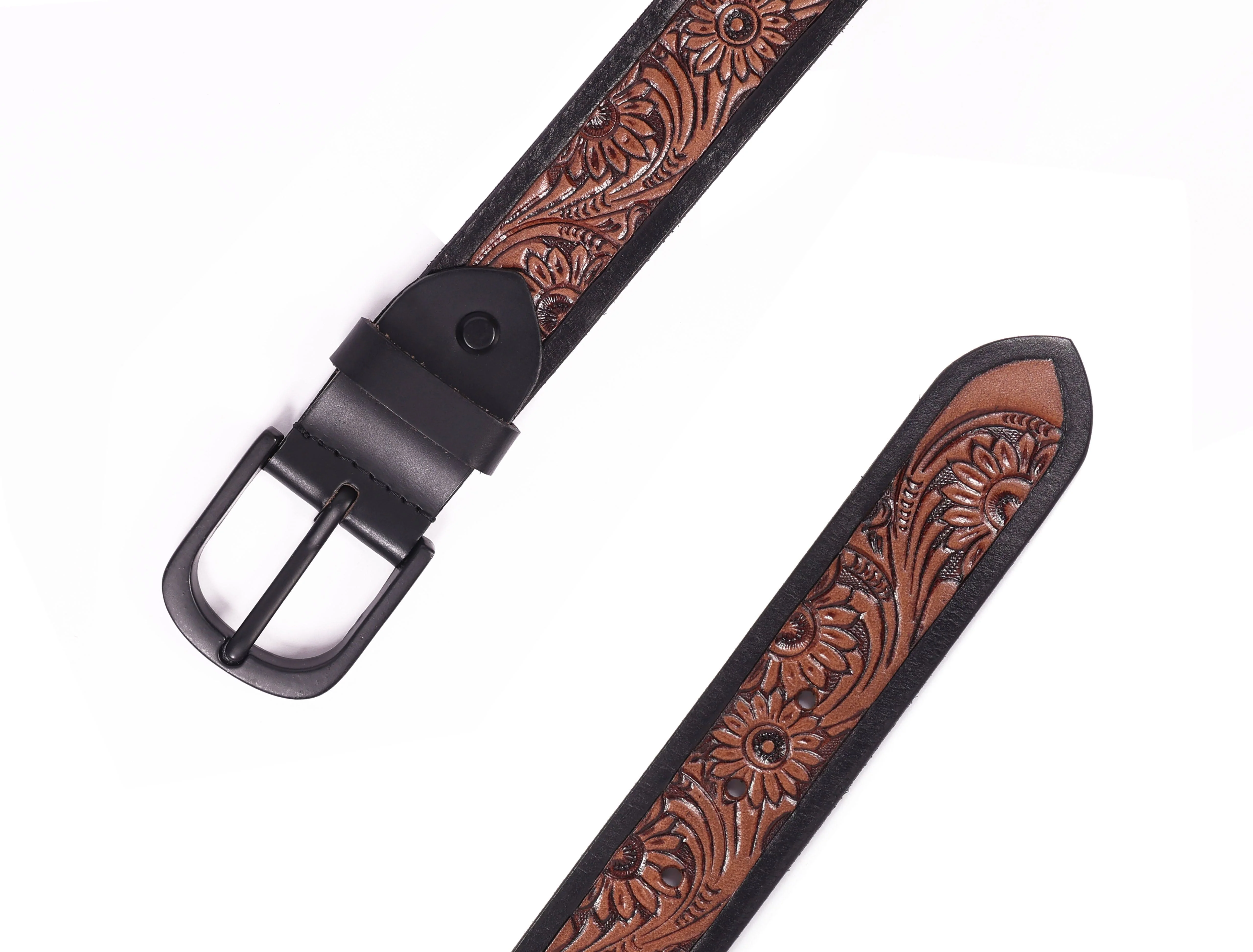 Unisex Genuine Leather Floral Embossed Brown Waist Accessory Matte Black Buckle - Image 7