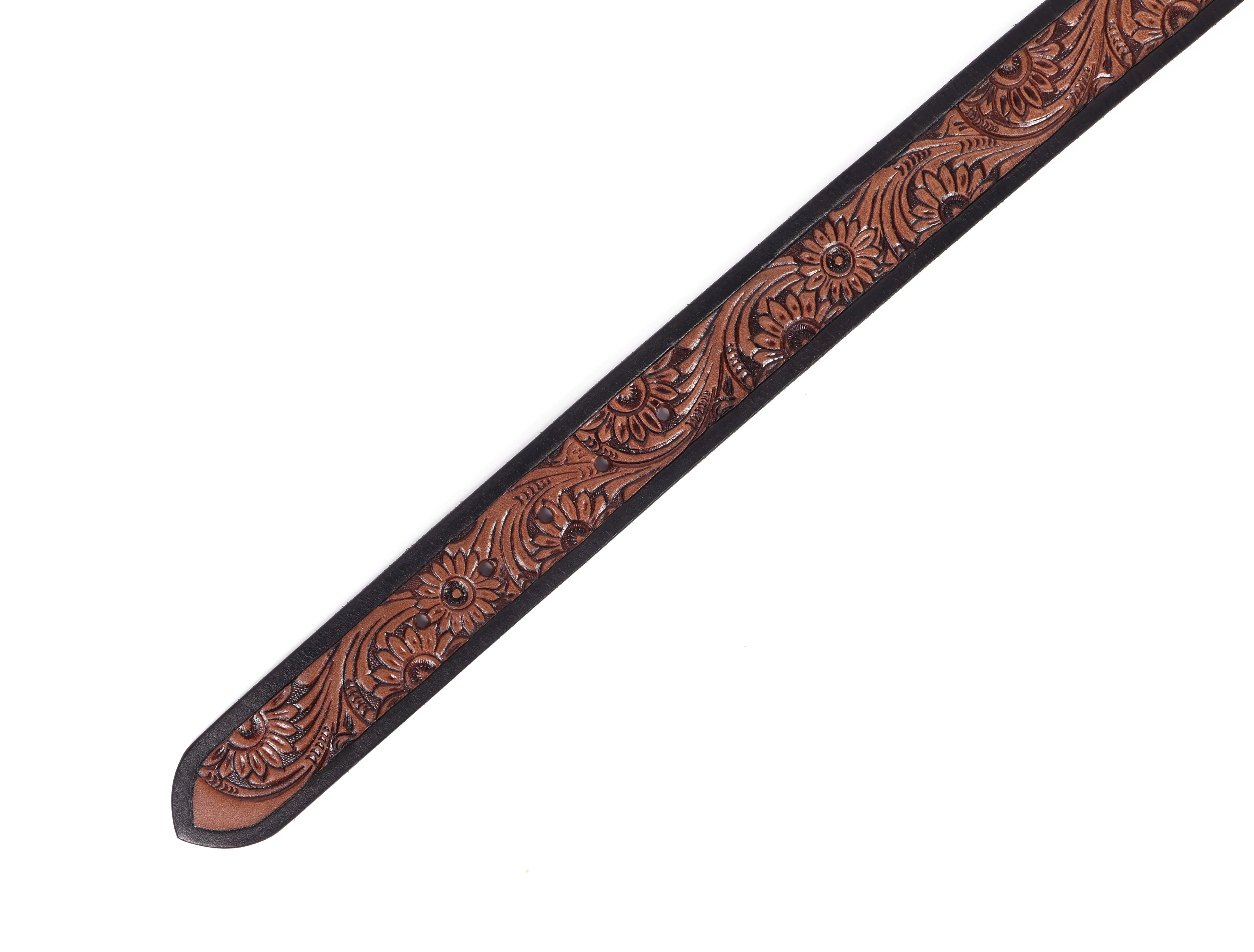 Unisex Genuine Leather Floral Embossed Brown Waist Accessory Matte Black Buckle - Image 8