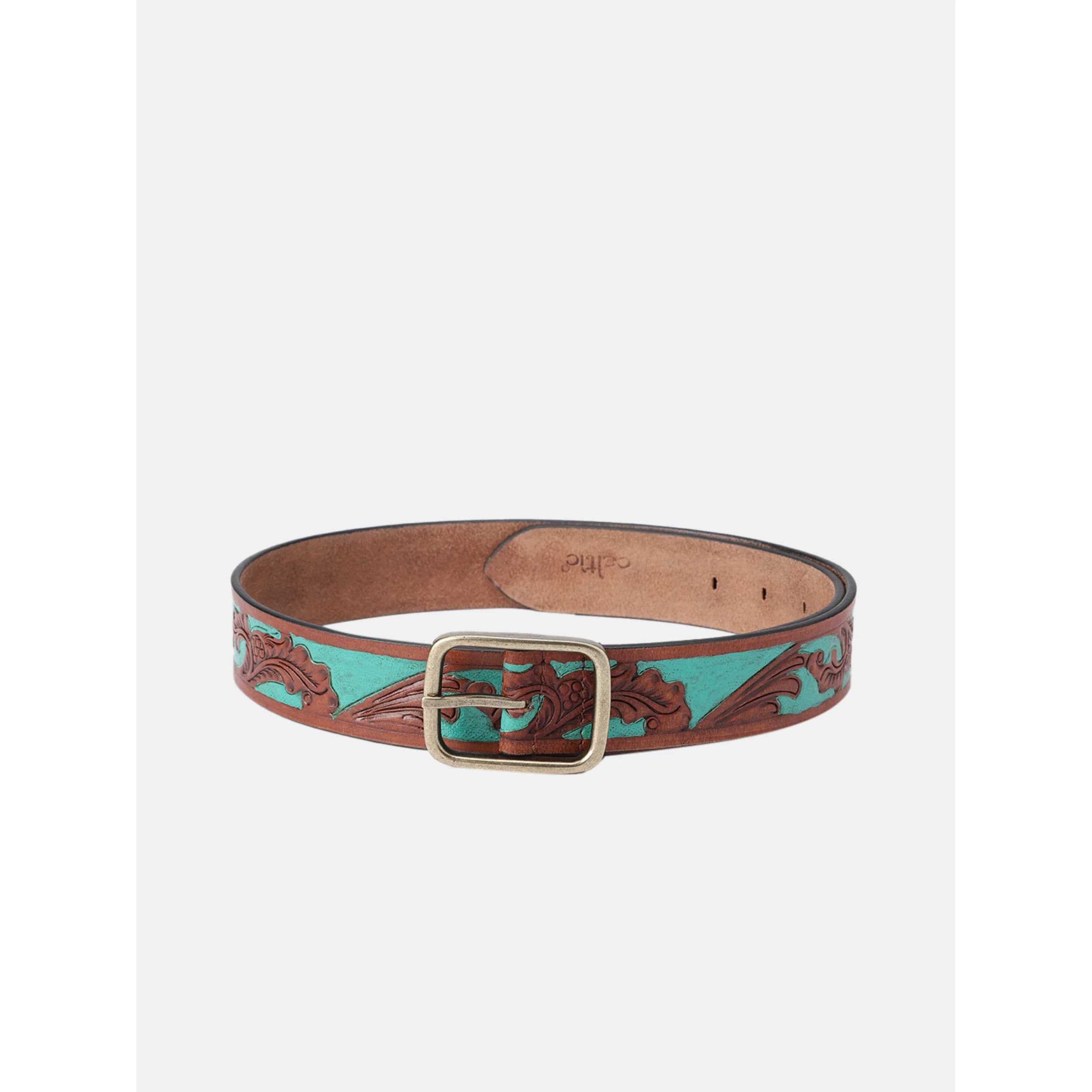 Genuine Leather Embossed Floral Brown Teal Waist Accessory Antique Metal Buckle - Image 2