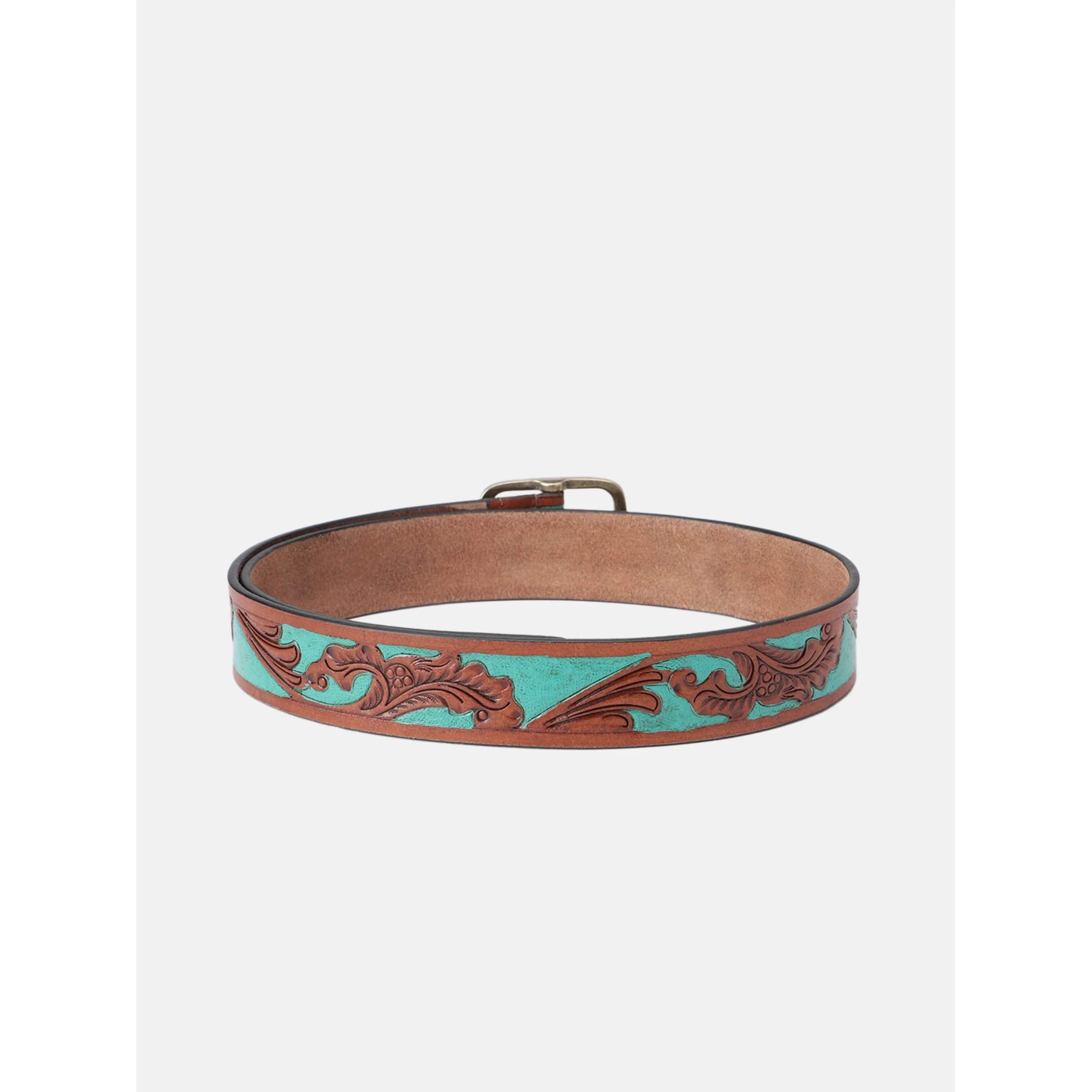 Genuine Leather Embossed Floral Brown Teal Waist Accessory Antique Metal Buckle - Image 3