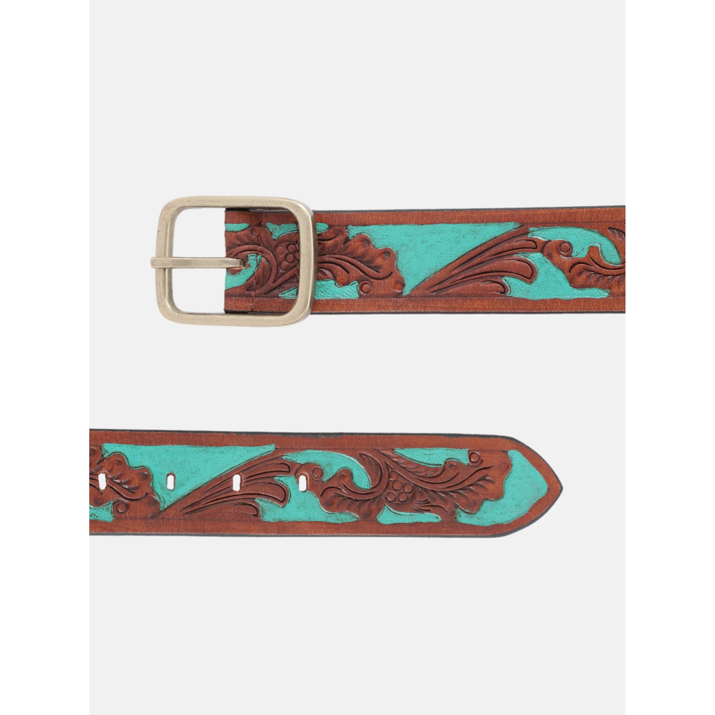 Genuine Leather Embossed Floral Brown Teal Waist Accessory Antique Metal Buckle - Image 4