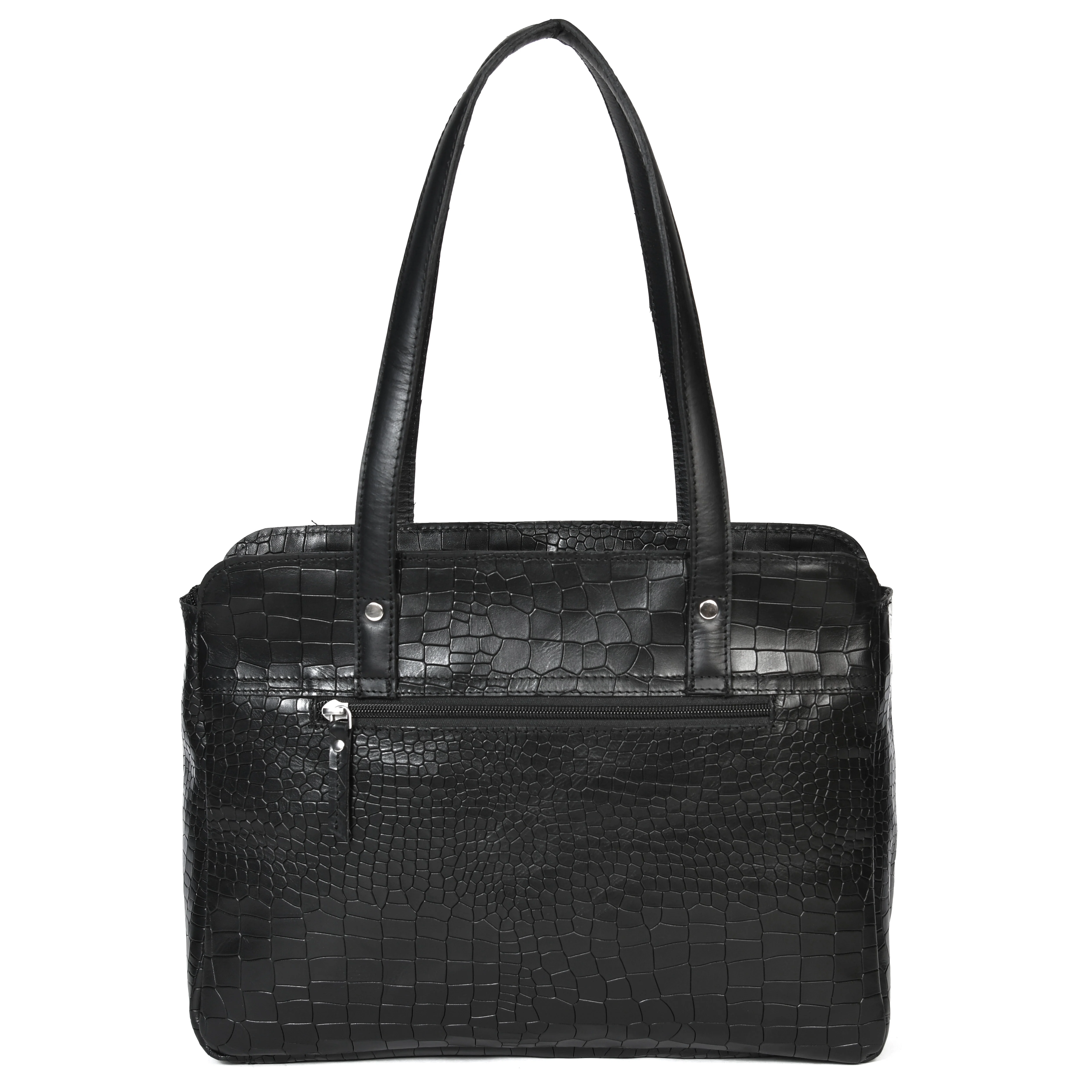 Premium Genuine Croc-Embossed Leather Tote Bag with Zip Compartments & Long Shoulder Straps - Image 13