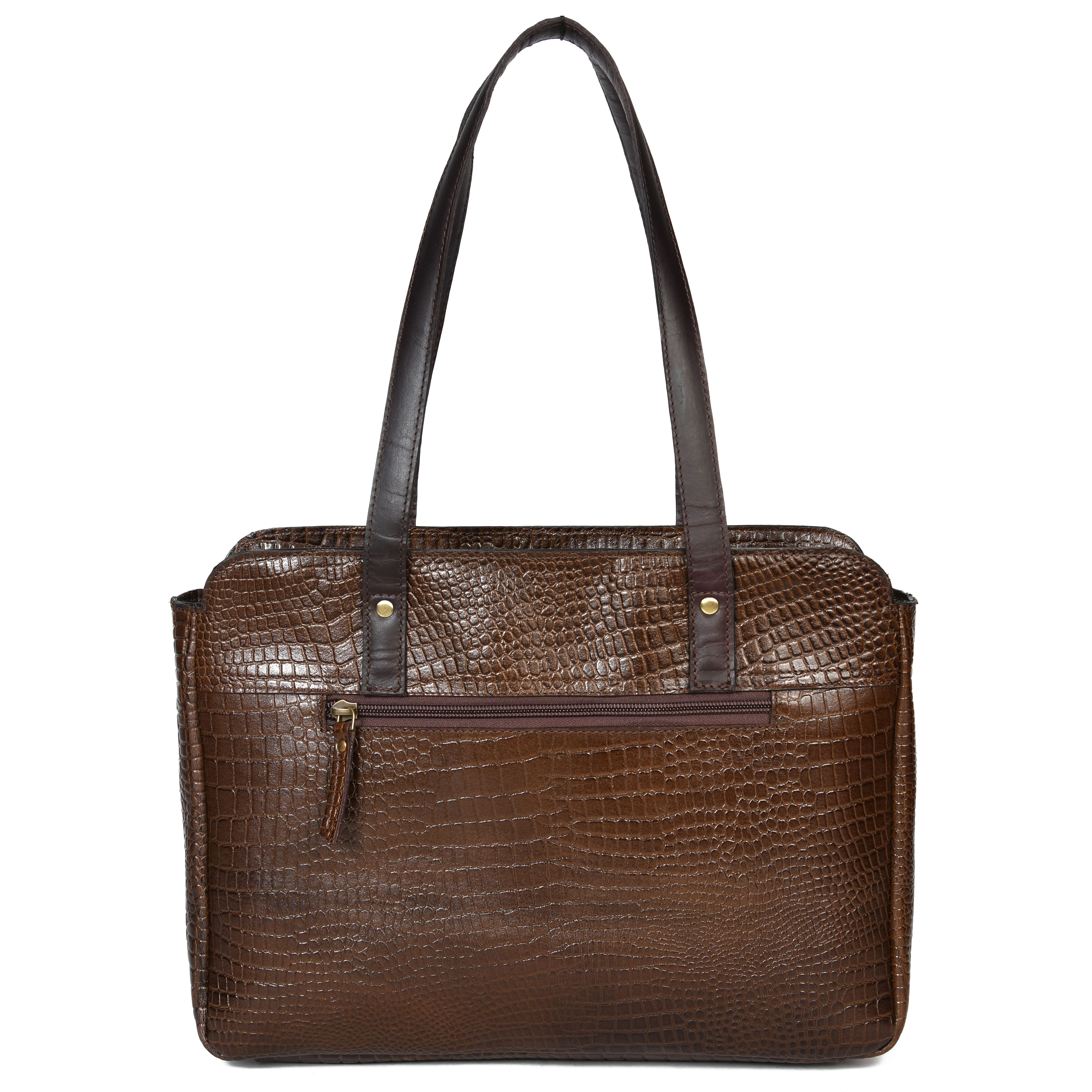 Premium Genuine Croc-Embossed Leather Tote Bag with Zip Compartments & Long Shoulder Straps - Image 14