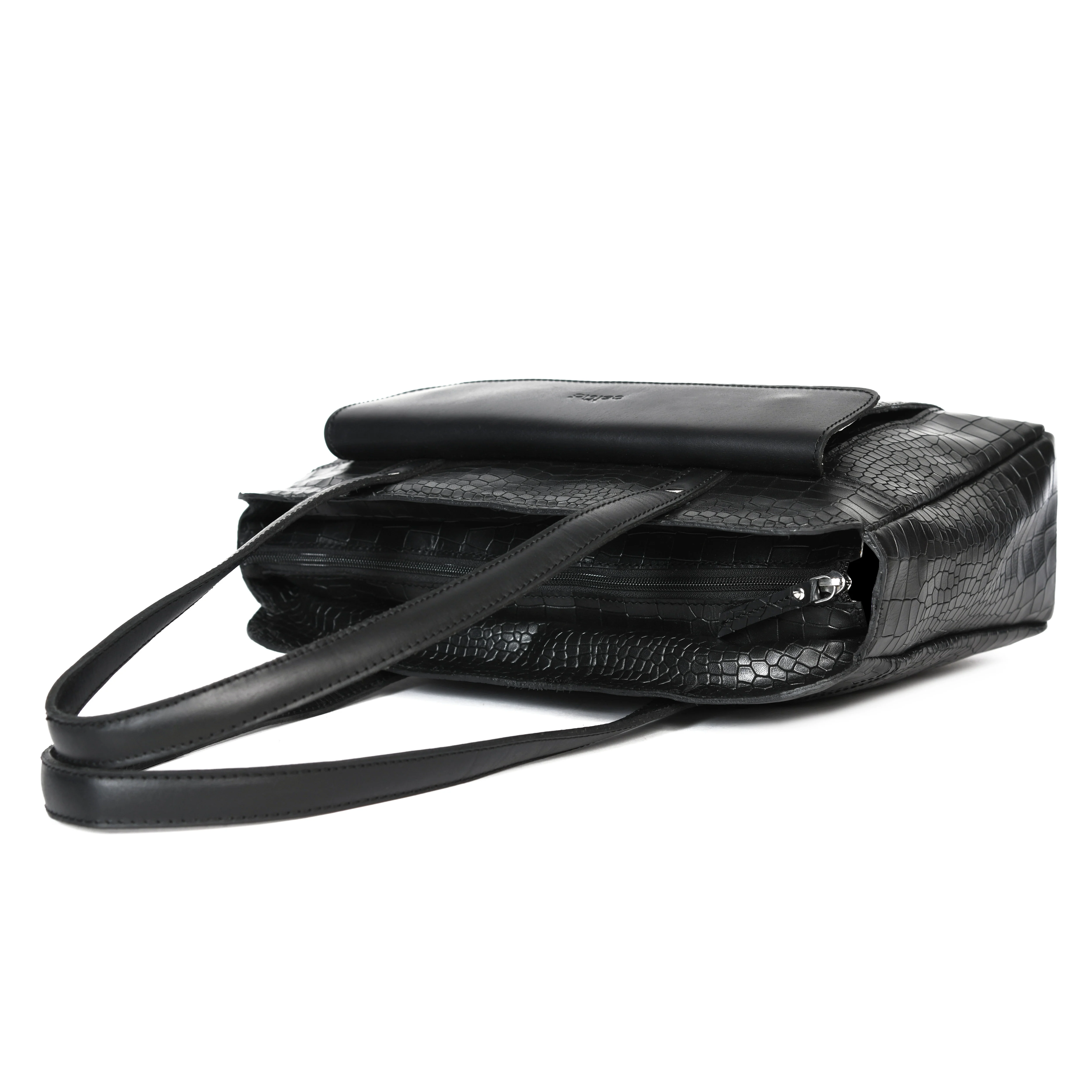 Premium Genuine Croc-Embossed Leather Tote Bag with Zip Compartments & Long Shoulder Straps - Image 15