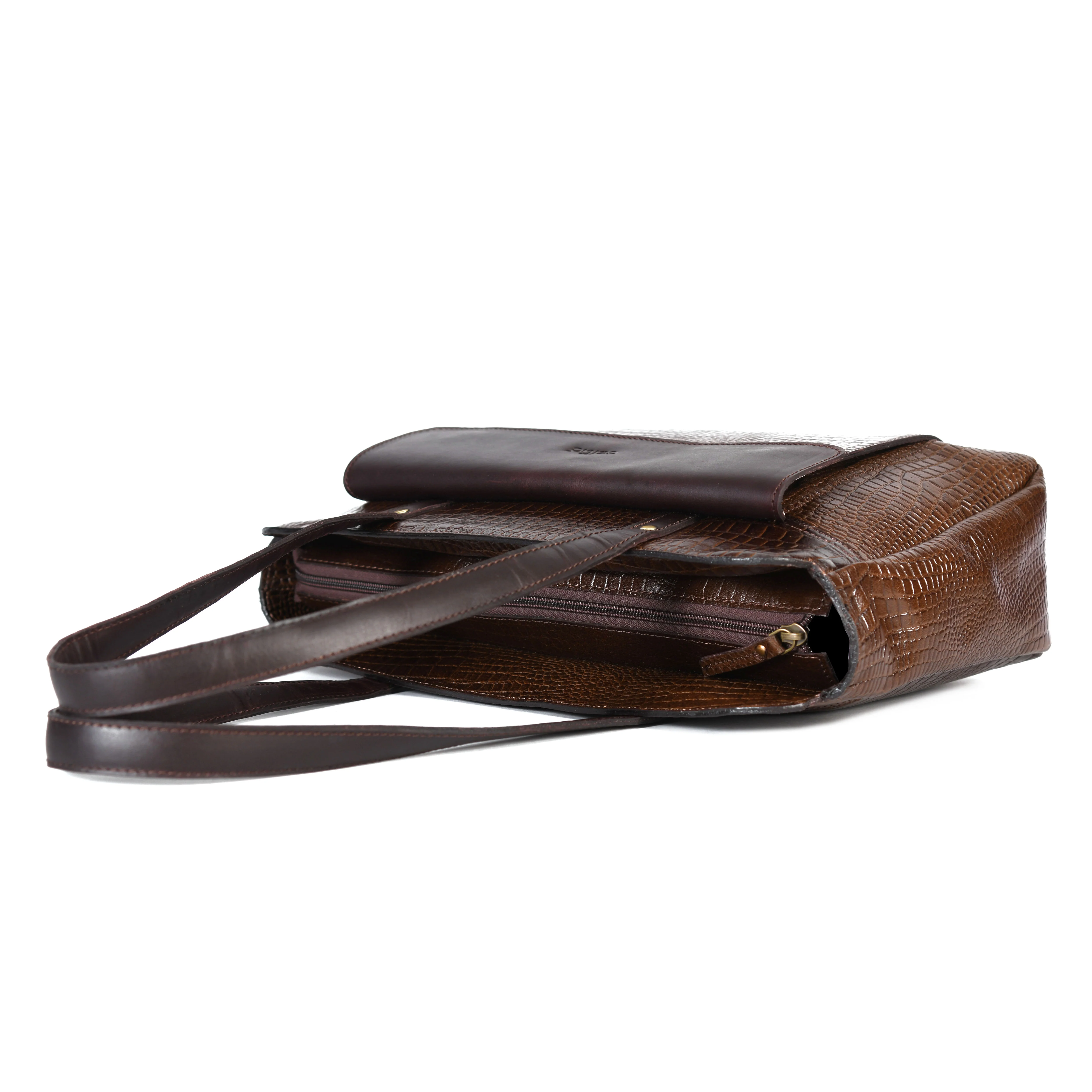 Premium Genuine Croc-Embossed Leather Tote Bag with Zip Compartments & Long Shoulder Straps - Image 16