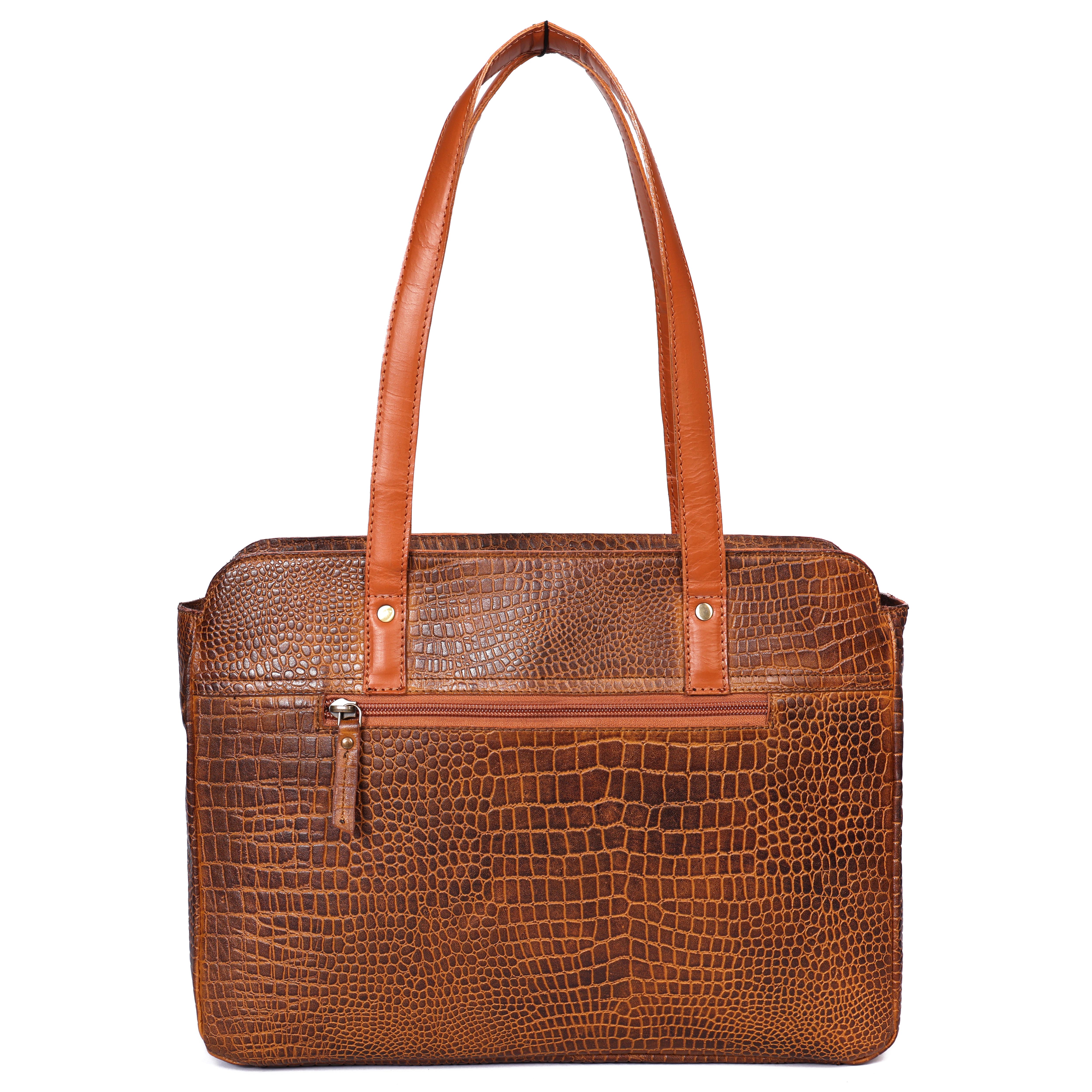 Premium Genuine Croc-Embossed Leather Tote Bag with Zip Compartments & Long Shoulder Straps - Image 17