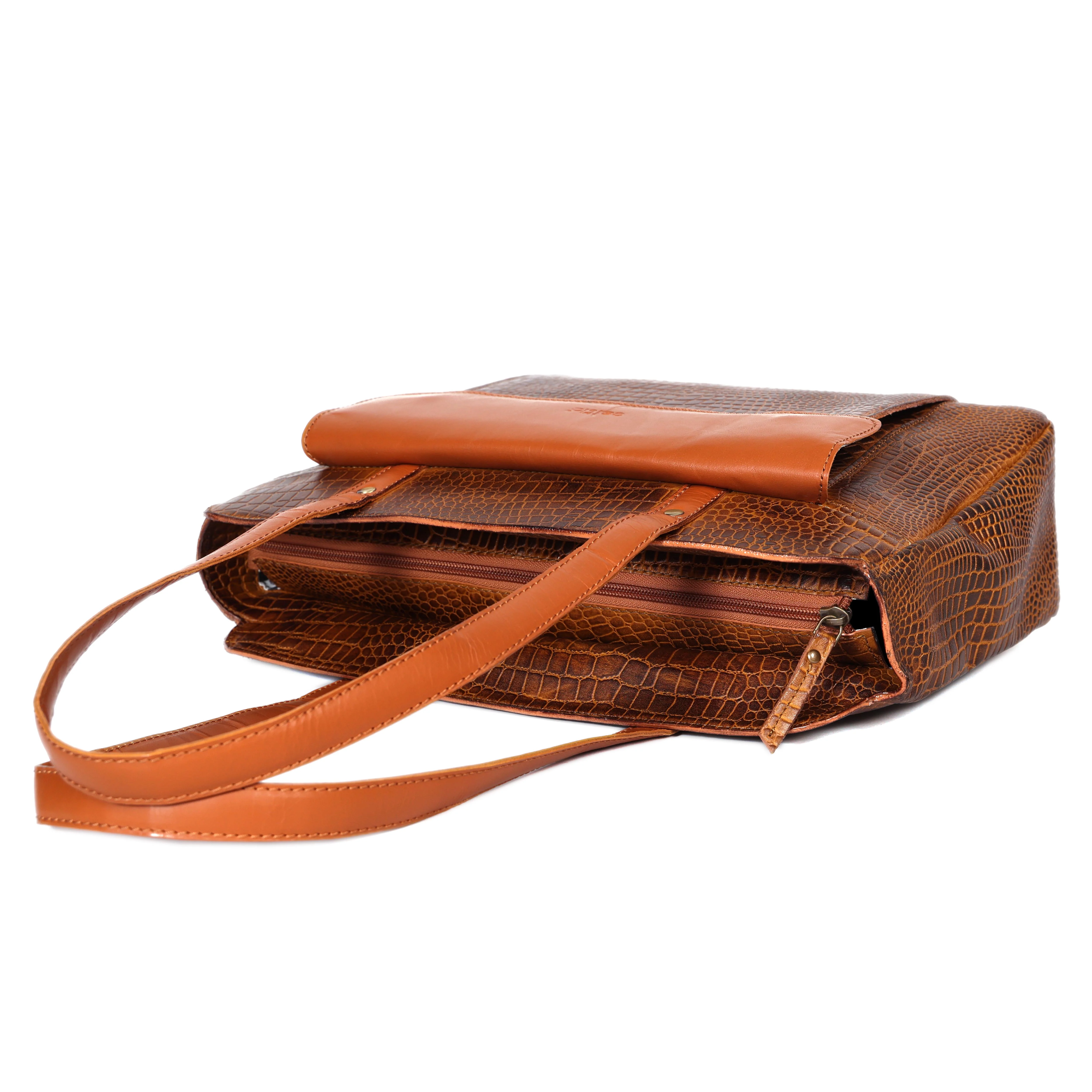 Premium Genuine Croc-Embossed Leather Tote Bag with Zip Compartments & Long Shoulder Straps - Image 20